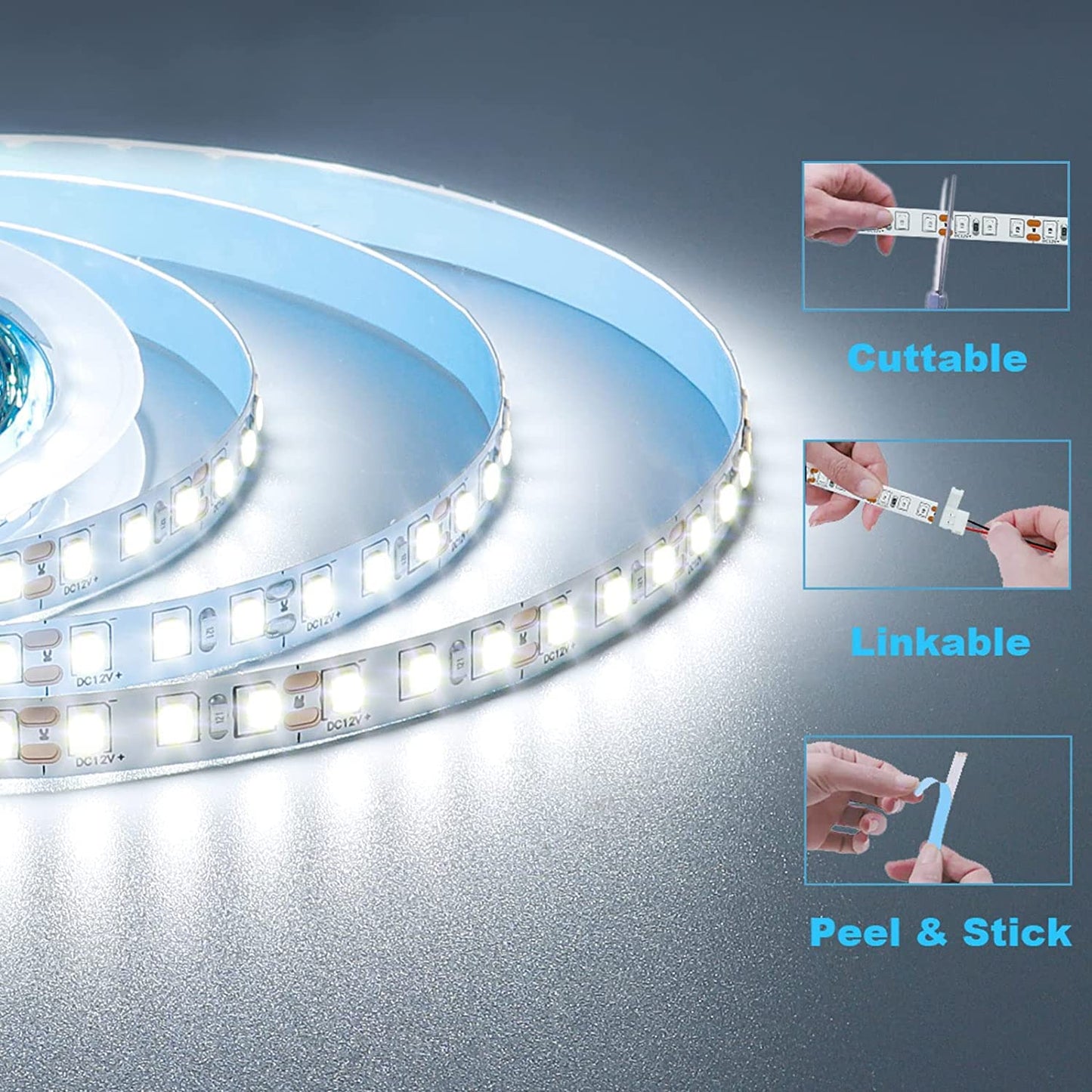 KXZM Tira LED 5M 12V Blanco Frio 6000K Flexible Alta Densidad 600LEDs SMD2835 IP20 Not Impermeable Luces de Cinta LED para Armarios Salón Dormitorio Decoración Hogar(Alimentación No Incluida)