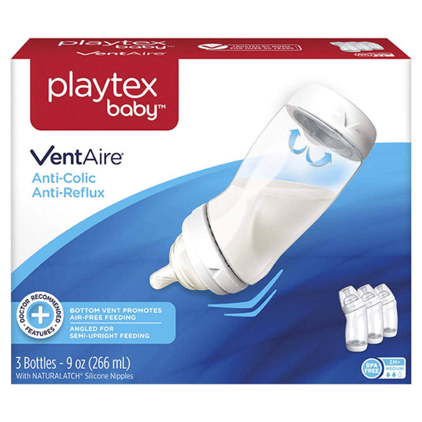 Playtex 3 Pack BPA Free VentAire Wide Bottles, Los colores pueden variar, 266.16ml (9oz)