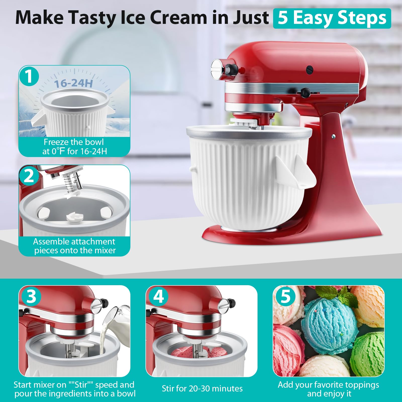Accesorio para máquina de helados para batidora de soporte KitchenAid, tazón de helado compatible con batidoras de soporte de 4.5 cuartos y más grandes, accesorio para hacer helados y sorbete, 2