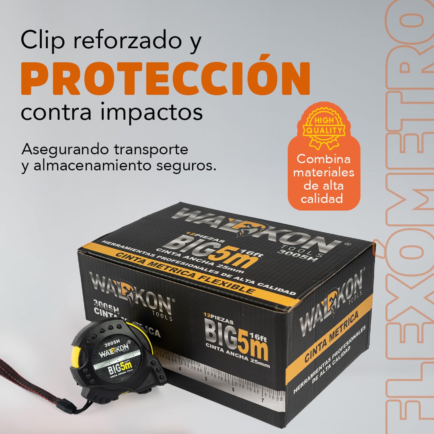 Flexómetro WALKON Blanco Hule contra Impacto 5 Metros