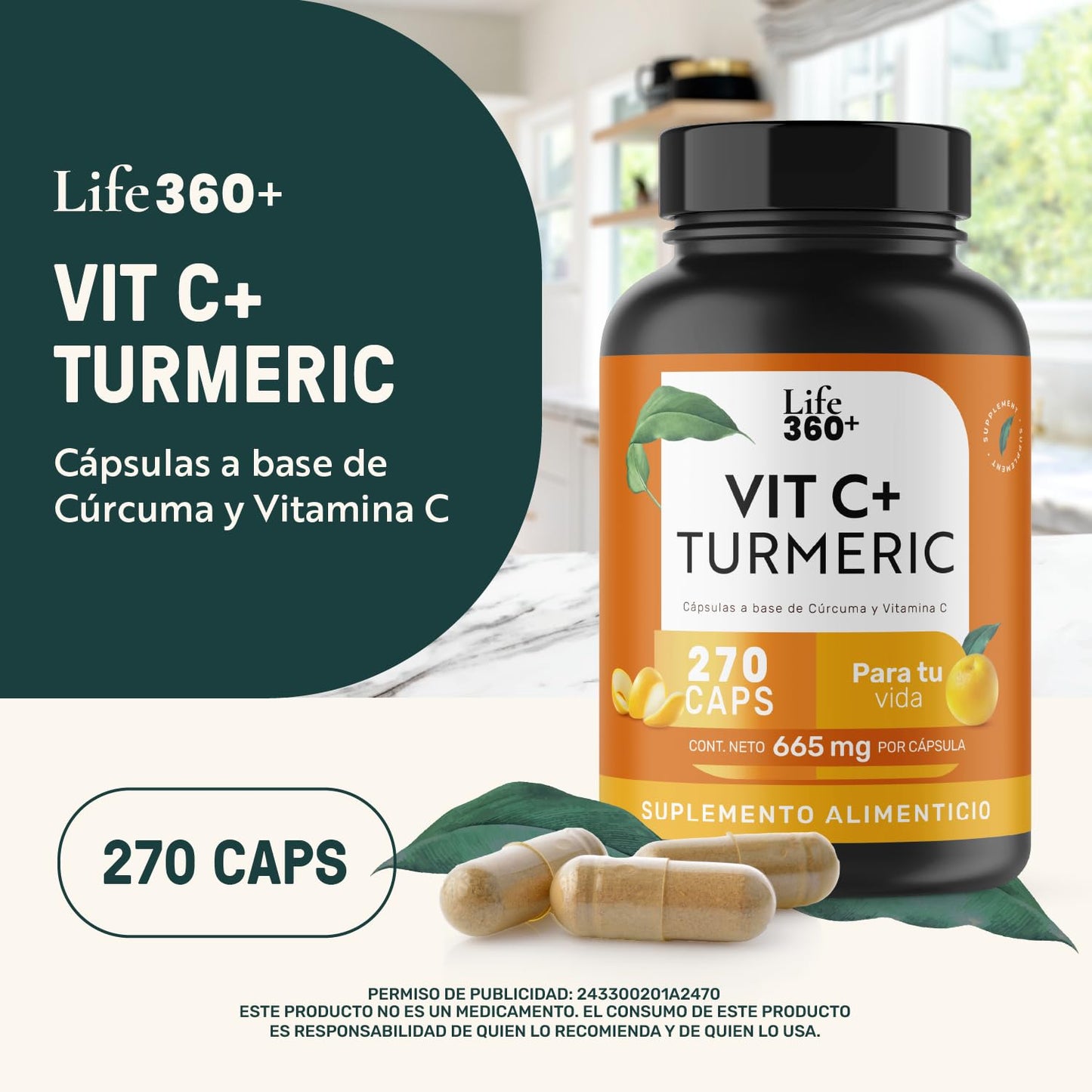 LIFE 360+ Vit C+ Turmeric | 270 Cápsulas | Ácido Ascórbico, Cúrcuma en Polvo Raíz de Cúrcuma y Estearato de Magnesio | Suplemento Alimenticio Vitamina C | Cápsulas de Gelatina | 270 Porciones
