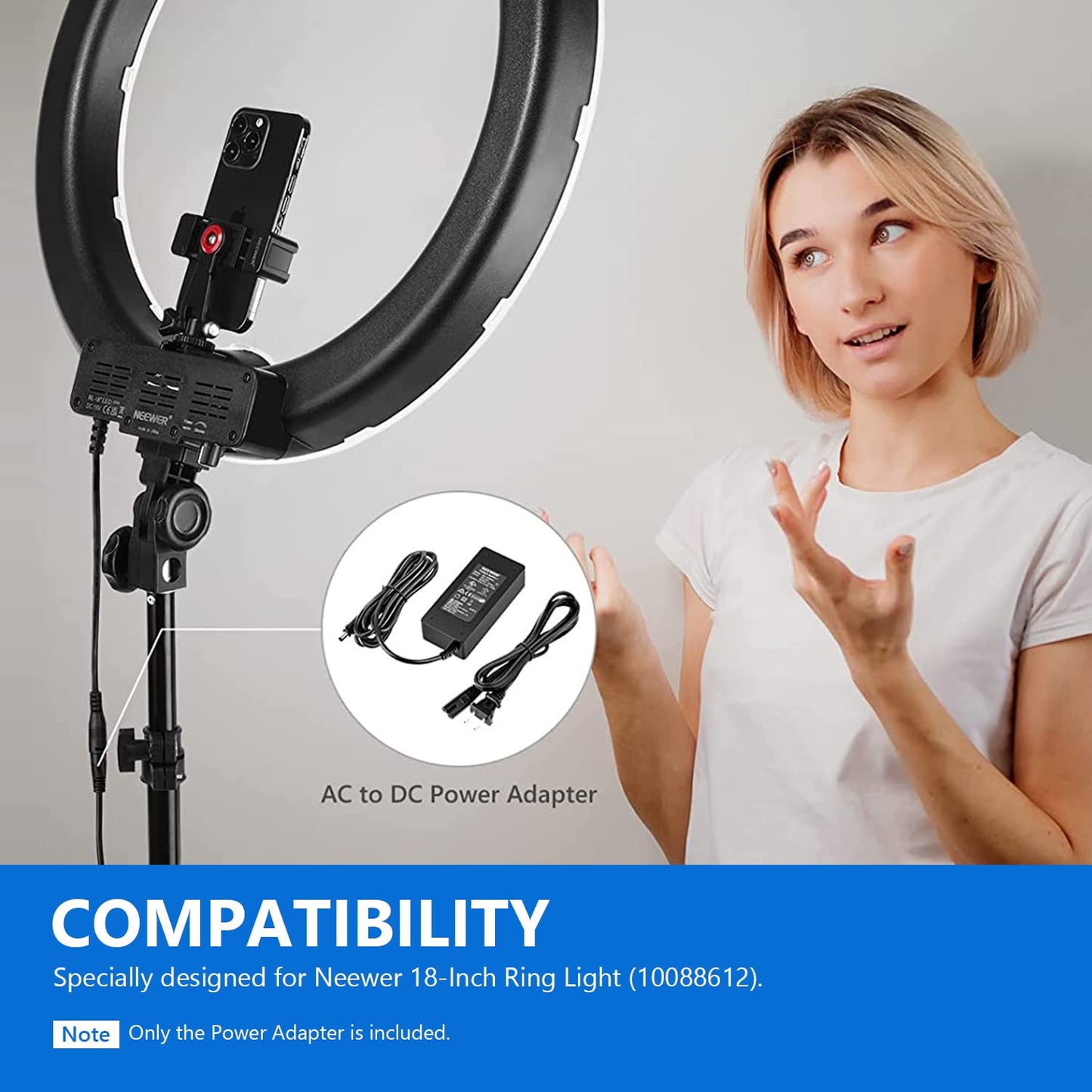 Neewer Photography AC 110V a DC 15V 2.0mm x 5.5mm Adaptador de Corriente con Cable de alimentación 4.8A Fuente de alimentación de Salida para Foto Estudio Anillo luz (Negro)