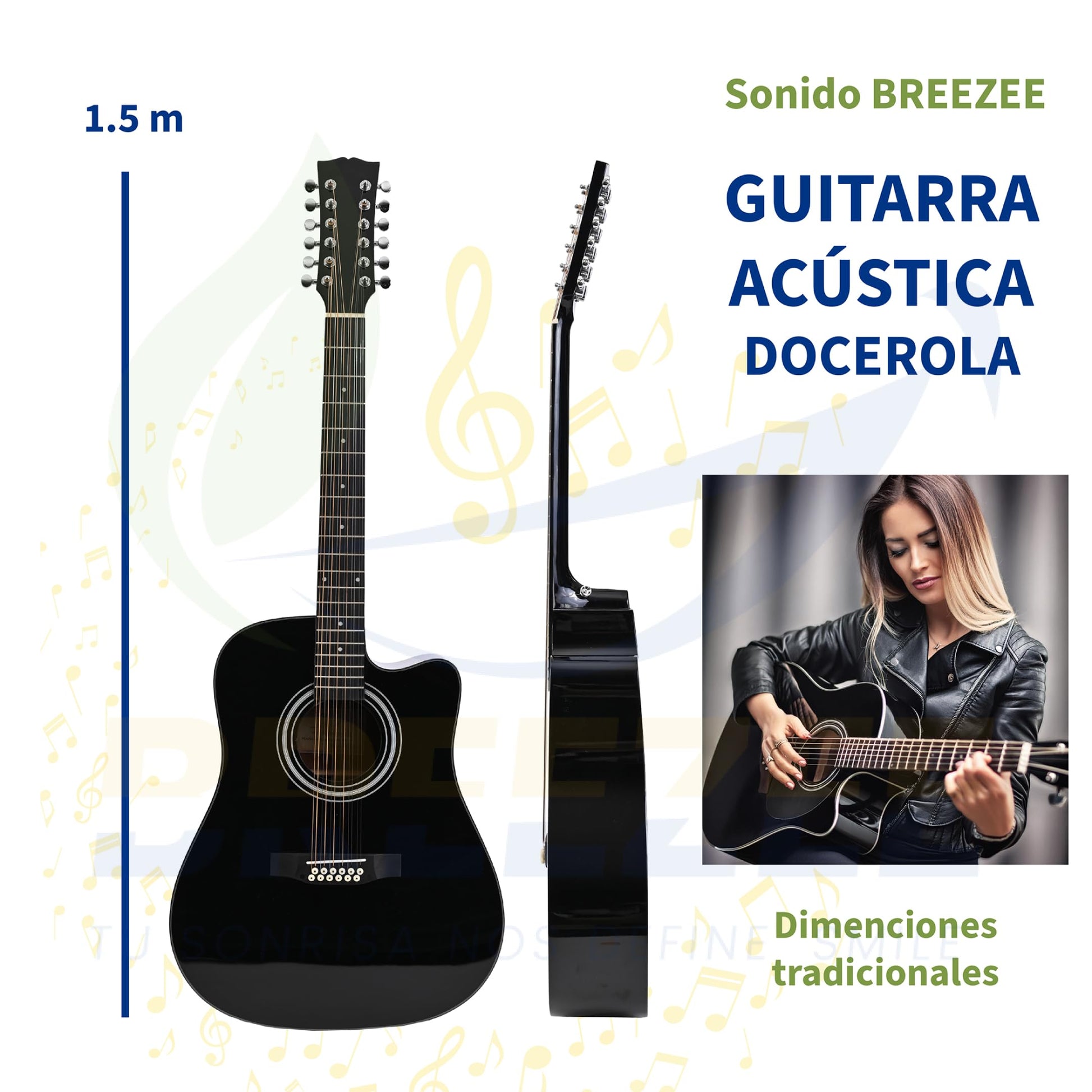 BREEZEE Guitarra Acústica Docerola de 42 Pulgadas, Guitarra de 12 Cuerdas, Incluye Kit de Accesorios, Funda Transportadora, Capo, Correa, Plumillas, Afinador y Más, Guitarra De Abeto Resistente