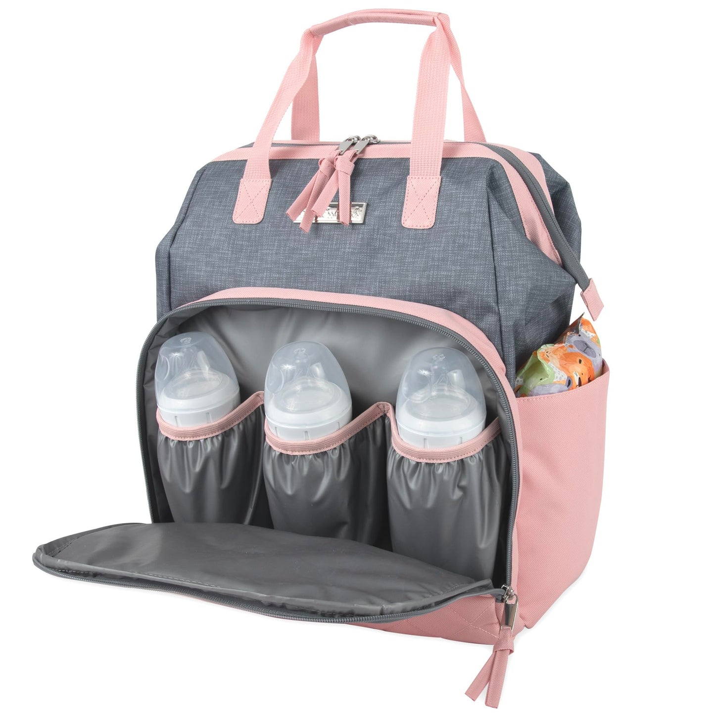 Baby Essentials - Mochila de pañales con marco principal súper enfriadora con cambiador, correas para carriola, compartimento aislado para botellas, Rosado/Gris, Mediano, Mochila para pañales