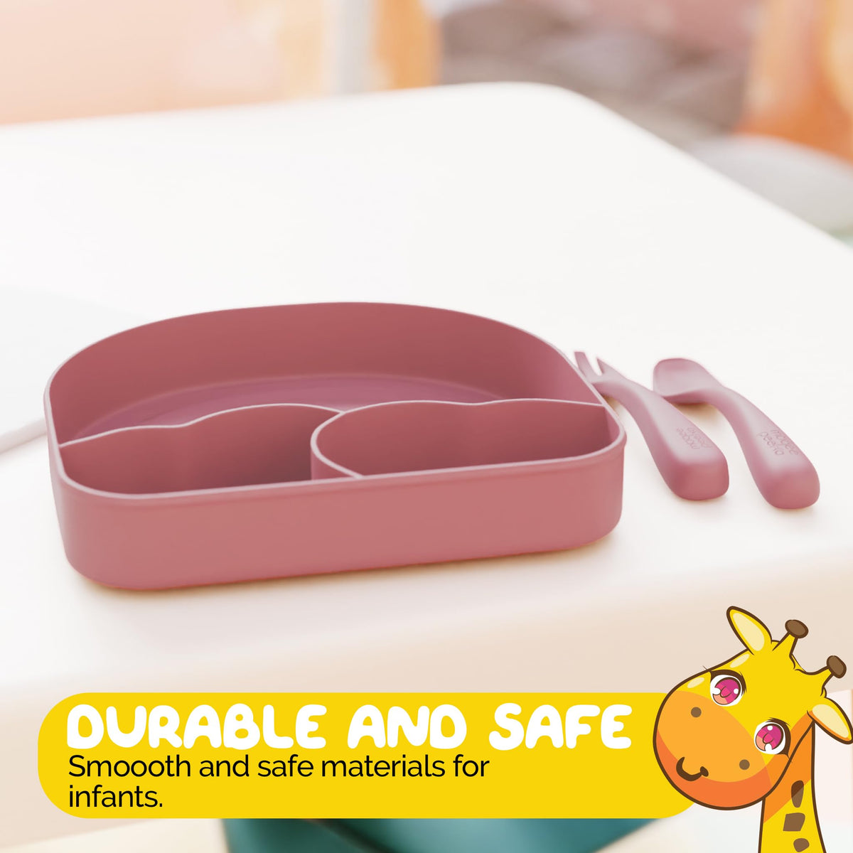 Muqee Peeko - Suministros de destete LED para bebé para bebés en color rosa para niñas con bebé, artículos imprescindibles como platos de bebé con succión y utensilios para niños pequeños, (juego de 3