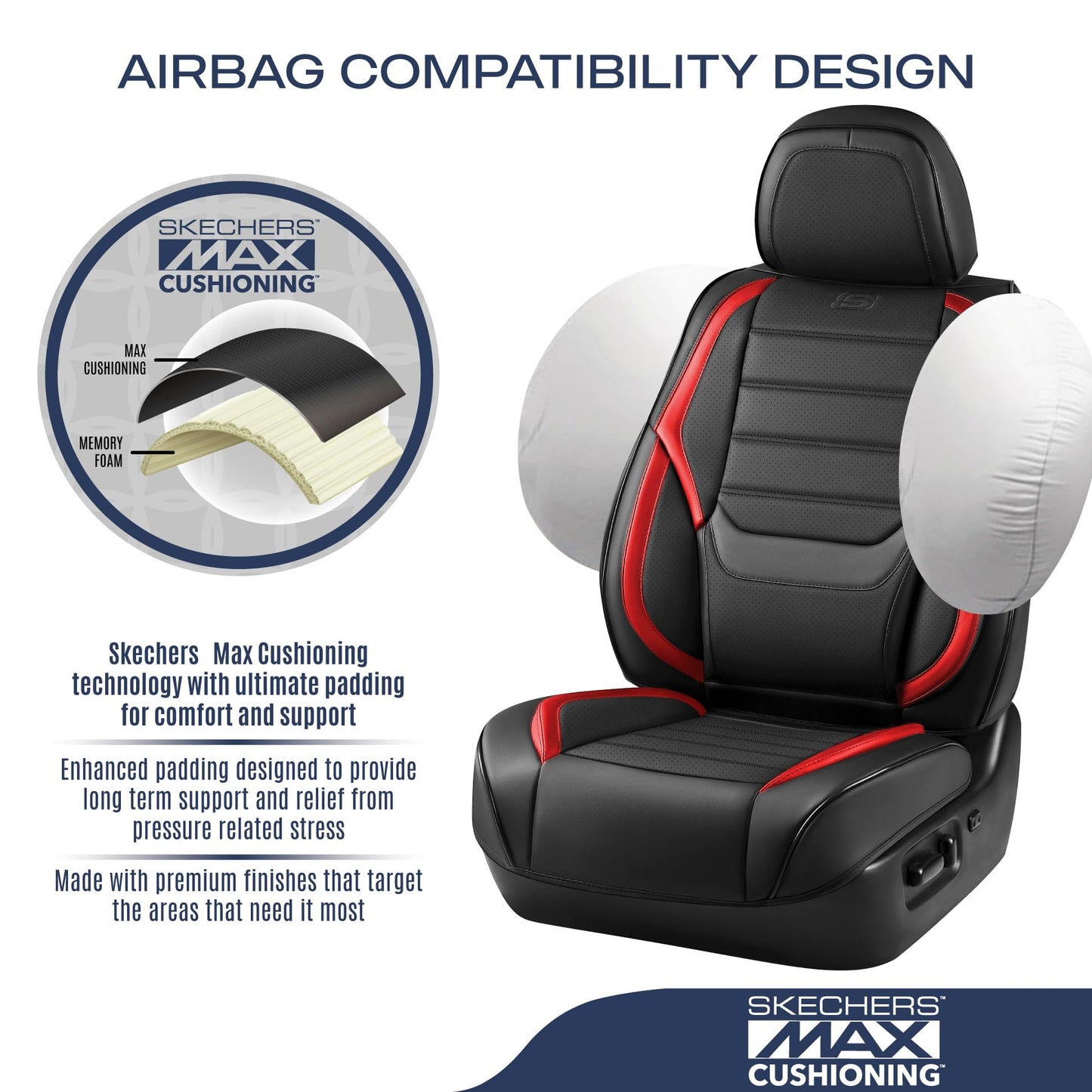 Skechers - Fundas de asiento de coche de cuero con espuma viscoelástica, juego completo de protector de asiento de coche impermeable, cojín de asiento de coche compatible con airbag automotriz, ajuste