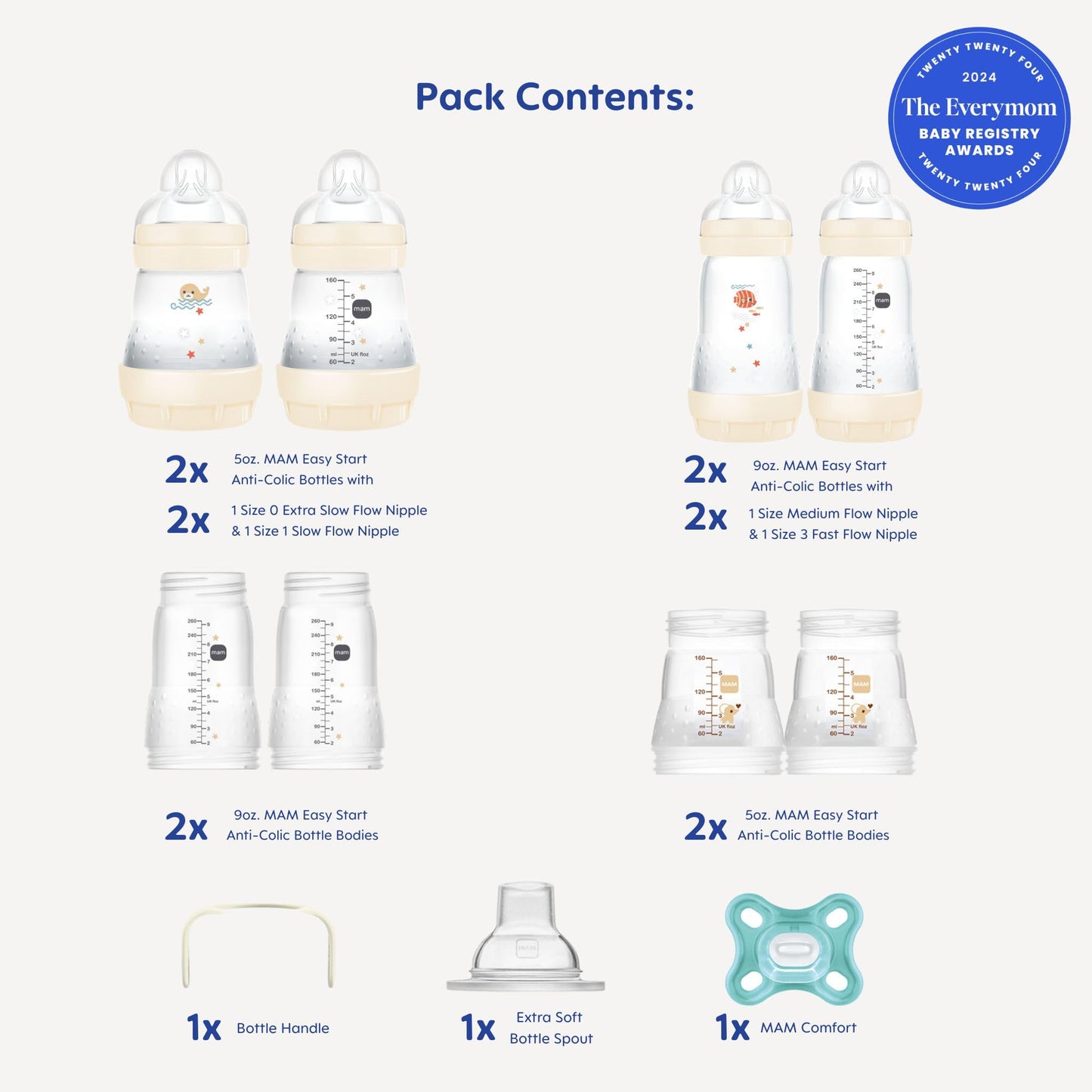 MAM "Grow with Baby" Set, Baby Gift Set (19-Piece), 5 oz and 9 oz Anti-Colic Baby Bottles, 0-4 Month Comfort Pacifier, Unisex, White