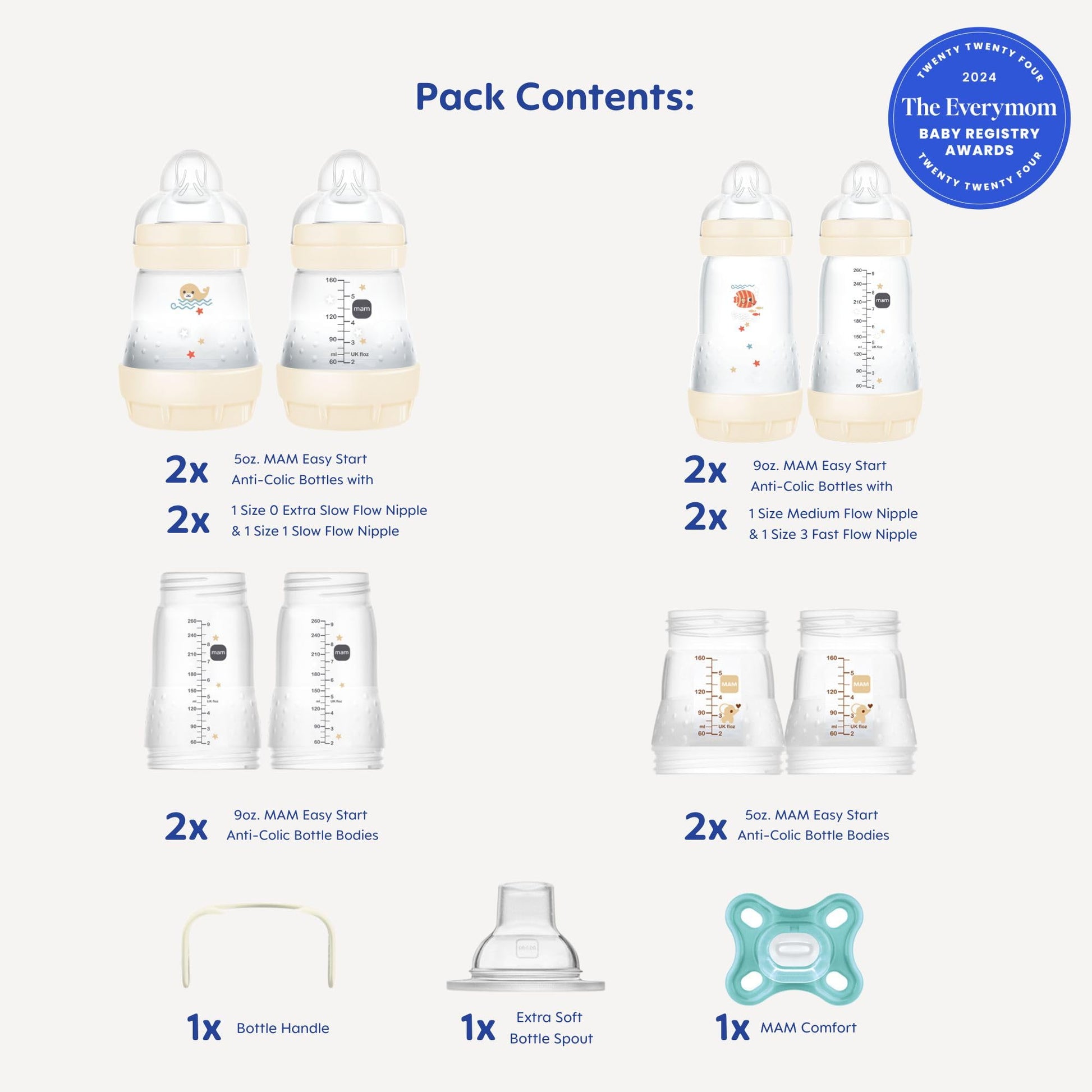 MAM "Grow with Baby" Set, Baby Gift Set (19-Piece), 5 oz and 9 oz Anti-Colic Baby Bottles, 0-4 Month Comfort Pacifier, Unisex, White