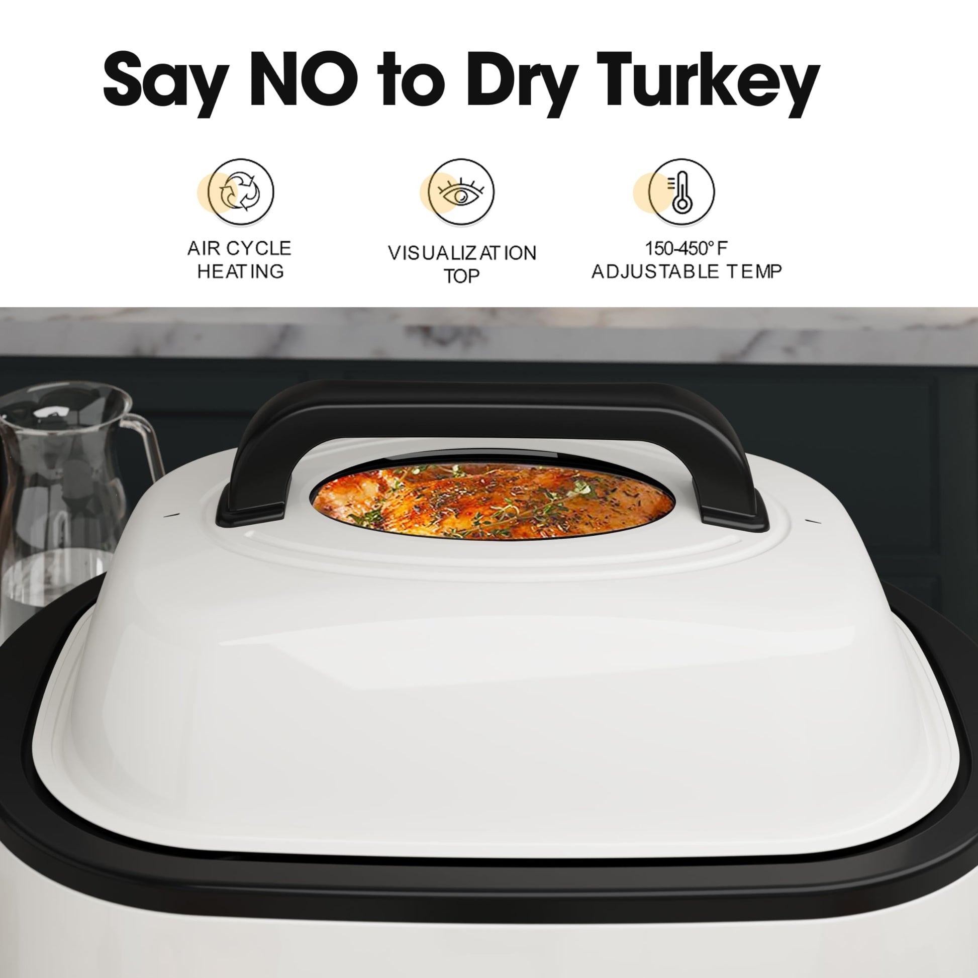 HEYNEMO Horno tostador, horno eléctrico de 24 cuartos de galón, horno tostador de pavo buffet con tapa autohilado, sartén extraíble, asas de tacto frío, acero inoxidable blanco