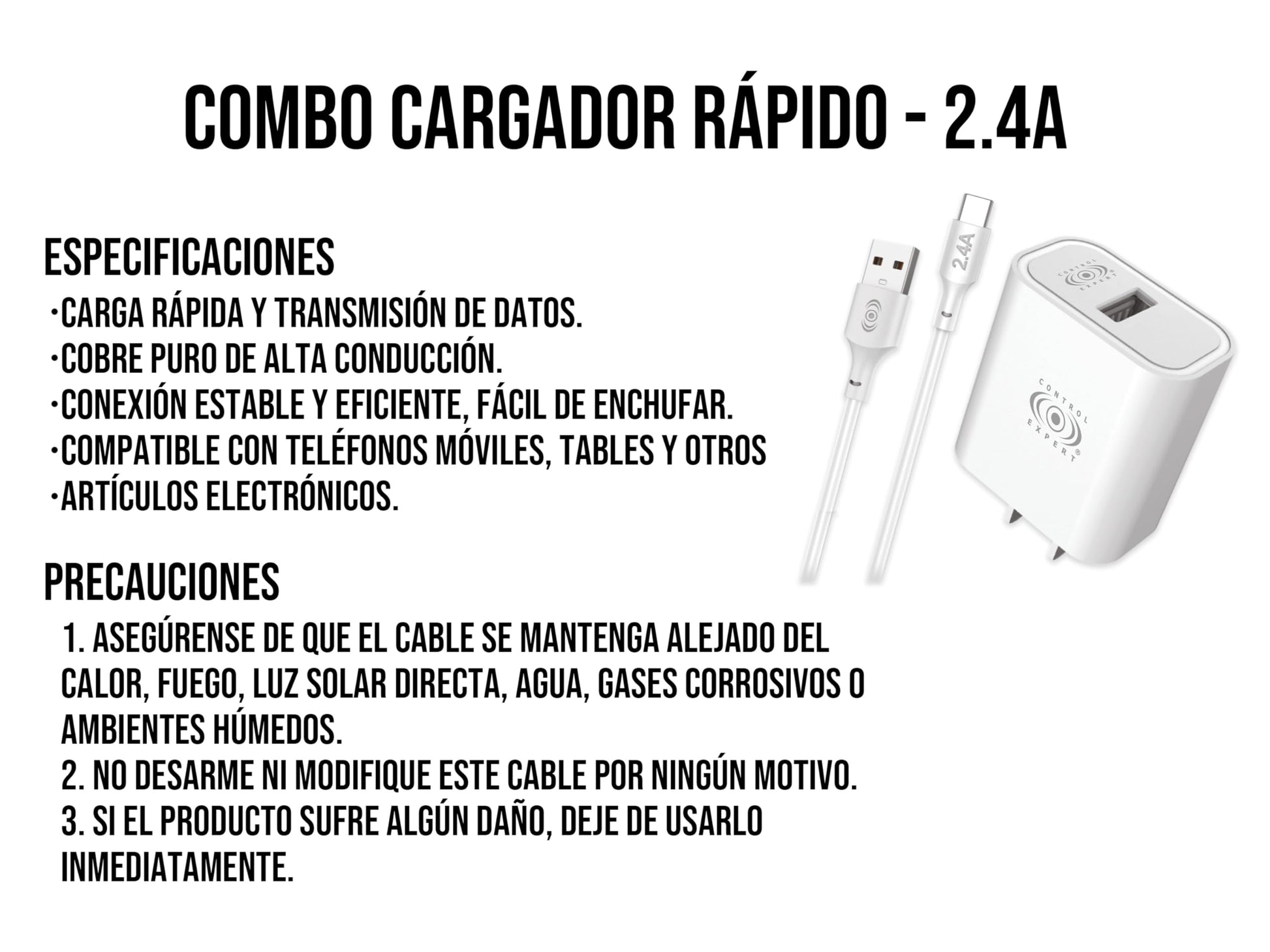 CONTROL EXPERT Combo Cargador Carga Rapida USB a Tipo C 2.4 A Cable 1 Metro (Blanco)