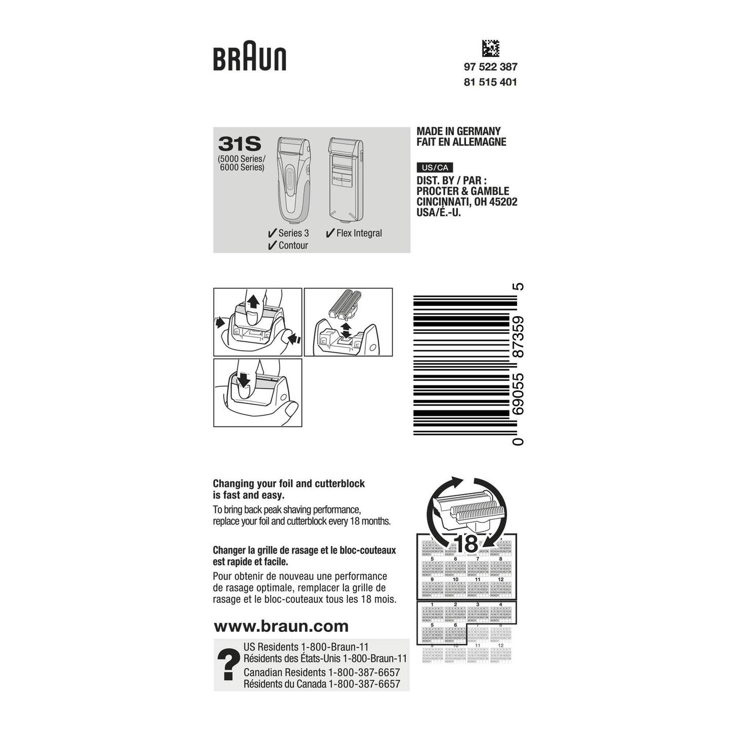 Braun Series 3 30B - Cabezal de repuesto para cortador y papel de aluminio, 31S, No