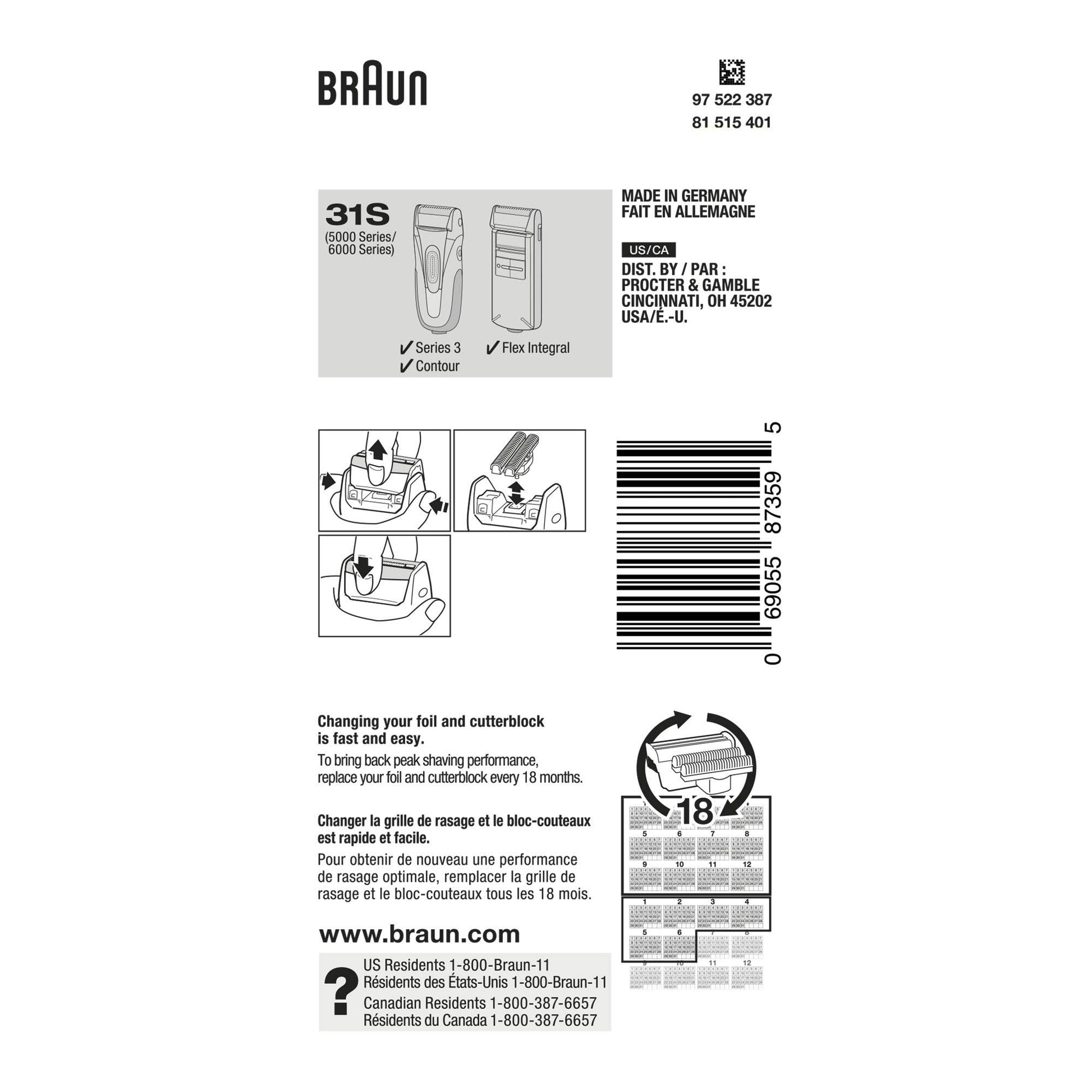 Braun Series 3 30B - Cabezal de repuesto para cortador y papel de aluminio, 31S, No