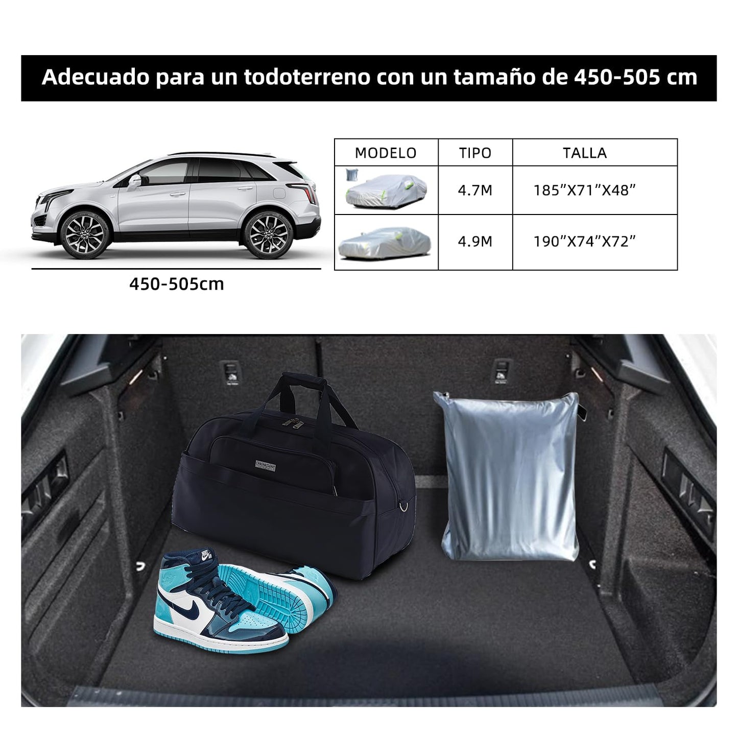 190 ”X 74” X 72 ”CAR COVER Funda para automóvil Protección UV exterior para todo clima, protección básica, cubierta para automóvil de uso general transpirable y a prueba de polvo, polvo y granizo 4.9m