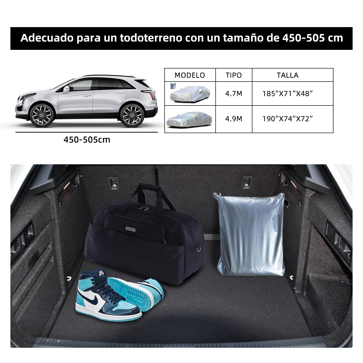 190 ”X 74” X 72 ”CAR COVER Funda para automóvil Protección UV exterior para todo clima, protección básica, cubierta para automóvil de uso general transpirable y a prueba de polvo, polvo y granizo 4.9m