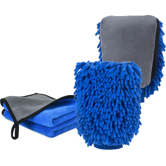 DASKING Kit Limpieza Coche, Guante y Toallas de Microfibra Premium de Lavado Coche, 2PCS Toallas (30 * 40cm) y 1PC Guante para la Limpieza de vehículo, Juego de Limpieza para Automóviles, Azul
