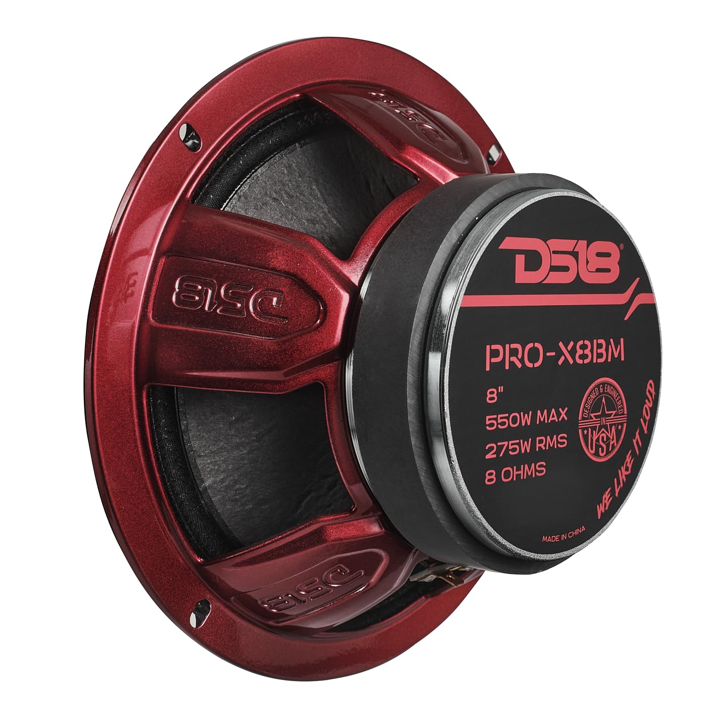 DS18 PRO-X8BM Loudspeaker - 8", Midrange, Red Aluminum Bullet, 550W MAX, 275W RMS, 8 Ohms - Premium Quality Audio Door Speakers for Car or Truck Stereo Sound System (1 Speaker)