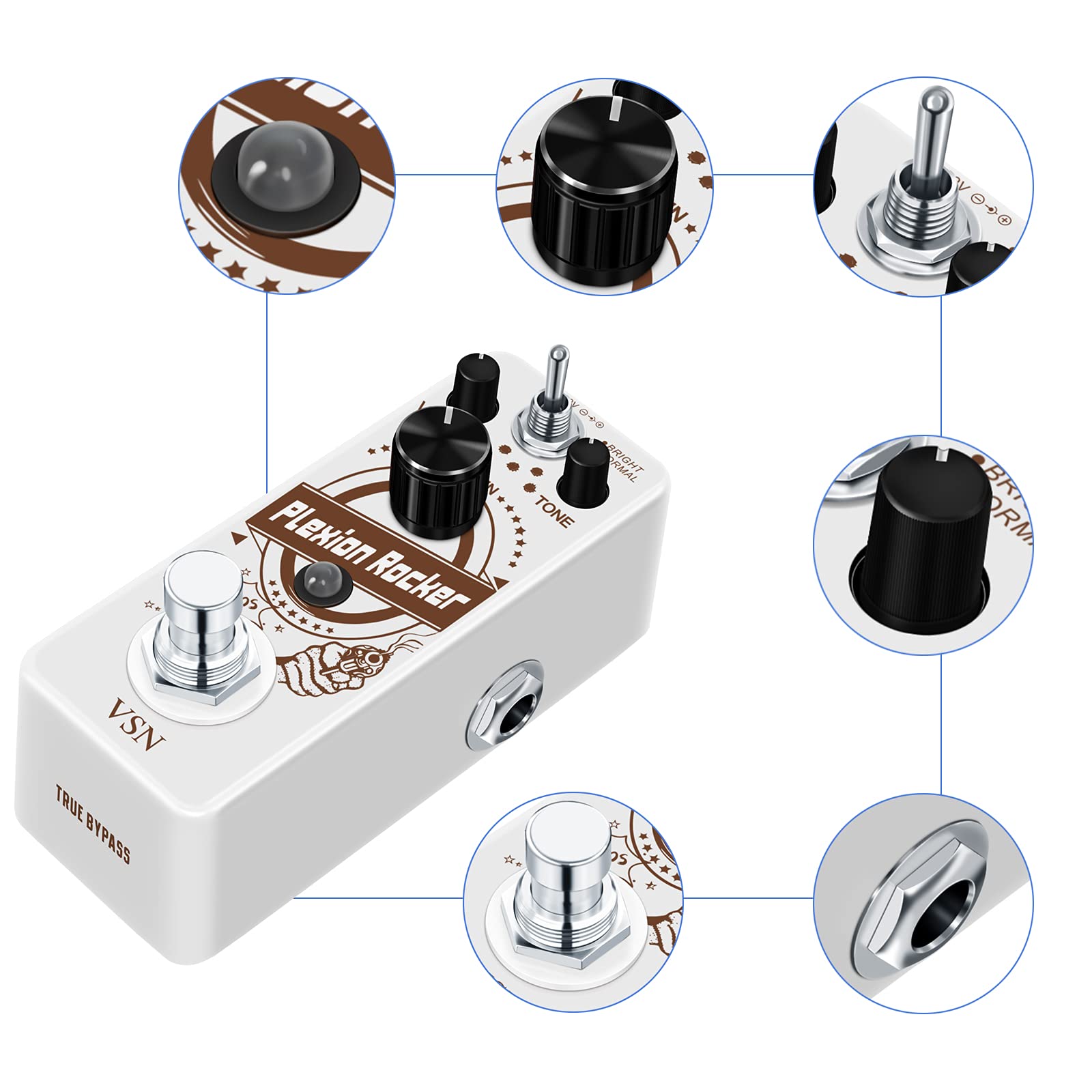 Pedal de Distorsión VSN Plexion Efecto para Guitarra Bajo con Modos Brillo Normal True Bypass