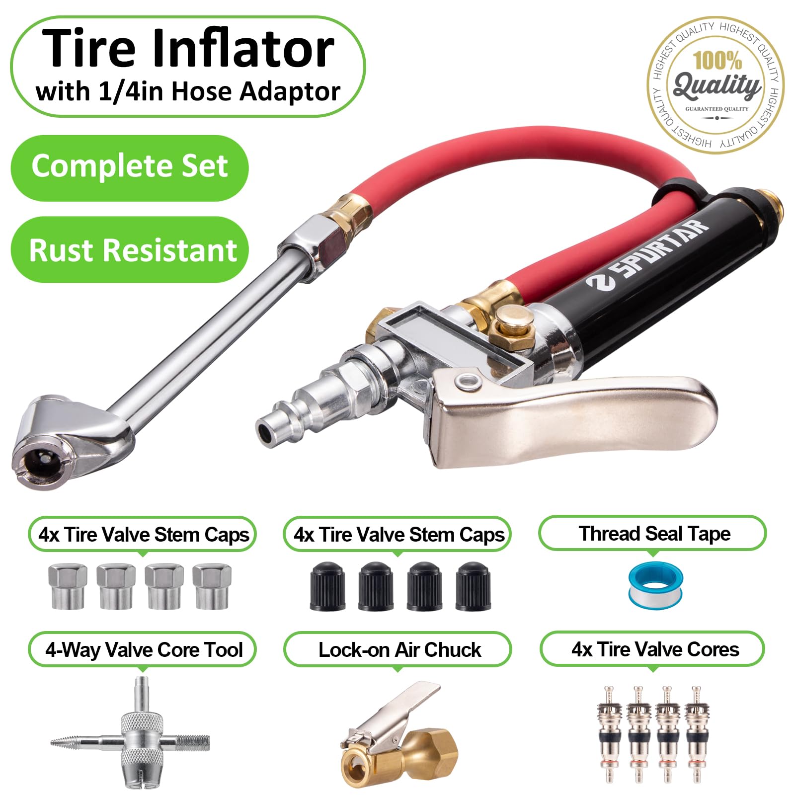 Medidor de Inflado de Neumáticos Spurtar 10-120 PSI Resistente con Herramienta de 4 Vías y Núcleos de Válvula para Automóviles