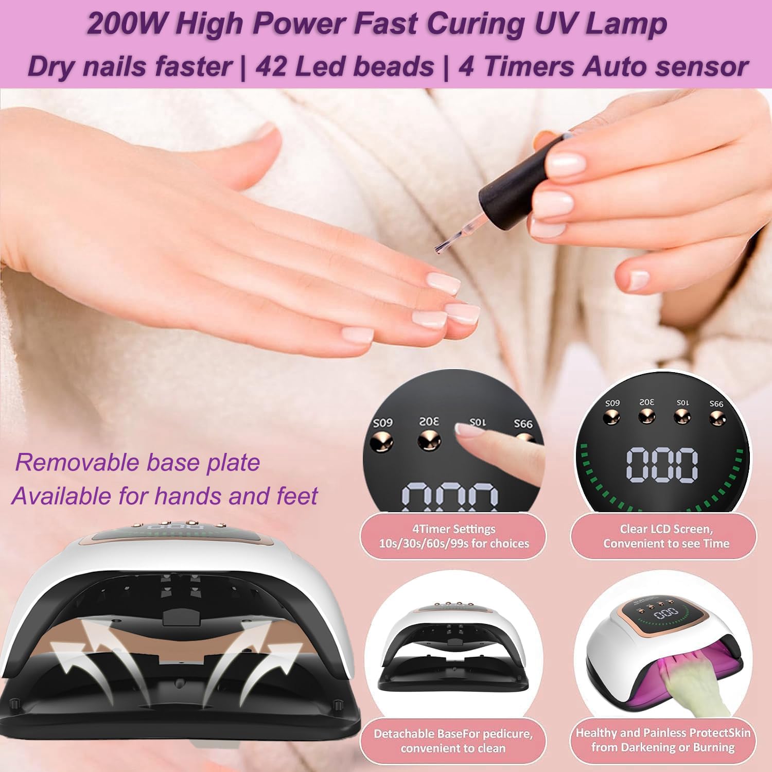 Lámpara de Uñas, 42 LED Secador de Uñas Profesional UV Lámpara de Uñas LED con 4 Ajustes de Temporizador, Pantalla LCD, Herramientas de Decoración de Uñas, Uso en el Hogar