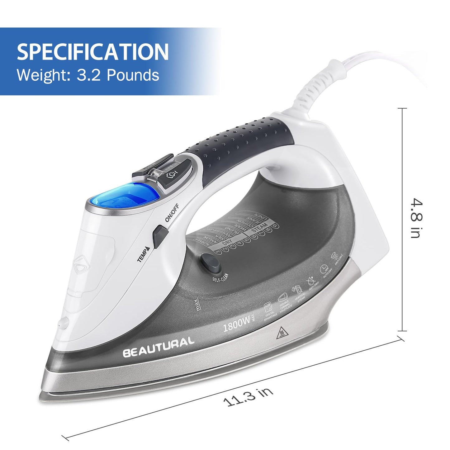 BEAUTURAL - Plancha de vapor de 1800 vatios con visualización LCD digital, suela de doble capa y revestimiento de cerámica, apagado automático de 3 vías, 9 ajustes preestablecidos de temperatura y vapor para tela variable gris