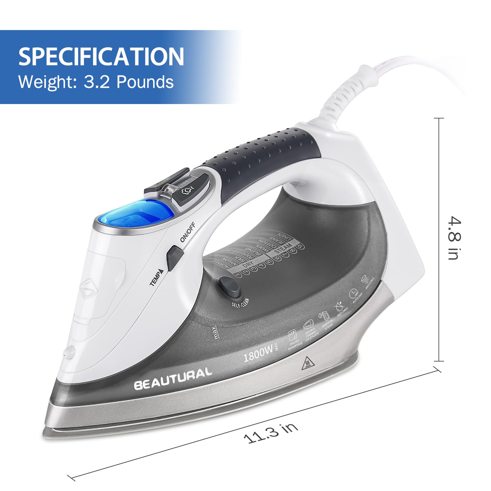 BEAUTURAL - Plancha de vapor de 1800 vatios con visualización LCD digital, suela de doble capa y revestimiento de cerámica, apagado automático de 3 vías, 9 ajustes preestablecidos de temperatura y vapor para tela variable gris