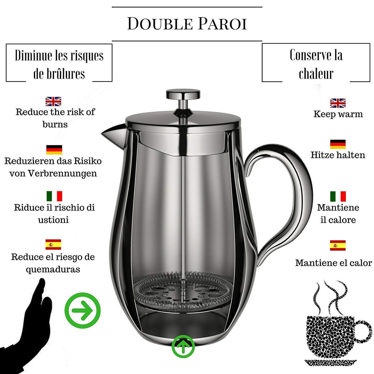 Cafetera de Pistón VeoHome Acero Inoxidable Irrompible 1 Litro