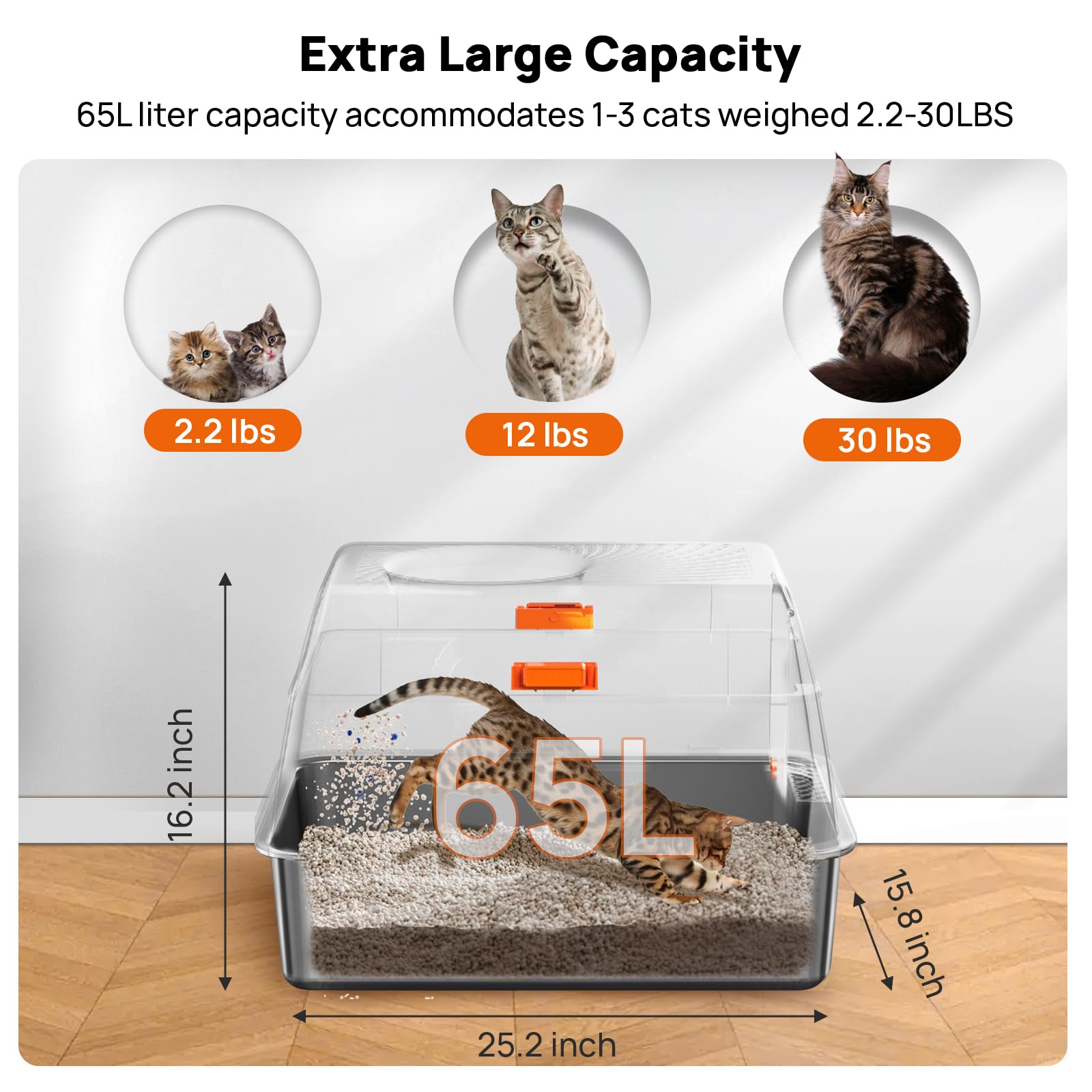 BEST JAJA Arenero de Acero Inoxidable con Tapa, de Metal Sus304, para Gatos, Cerrado, Extragrande, de Pared Alta, Jumbo con Triple Pedal, Antiadherente, Antifugas (XL, Negro)