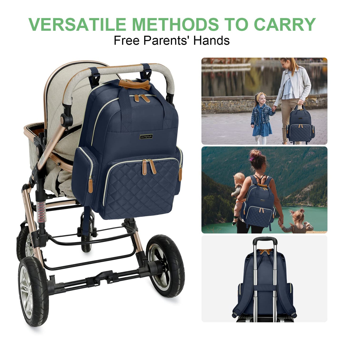 WITSTEP - Mochila para pañales con estación de cambio, organizador de pañales para bebés, para mamás, papás, bolsas grandes para cambiar de bebé, Azul, Bolsa de pañales con cambiador