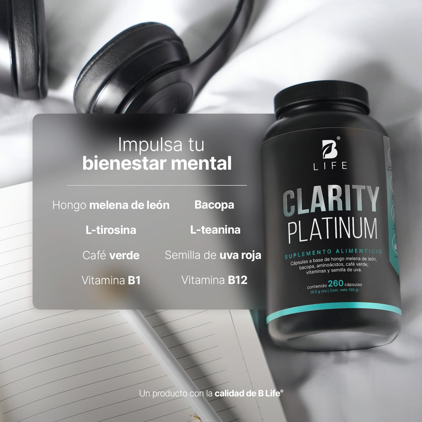 B Life Nootropico Clarity Platinum | 260 Cápsulas | Ingredientes naturales: Hongo Melena de León, Bacopa, Tirosina, Café Verde | Clarity Platinum.