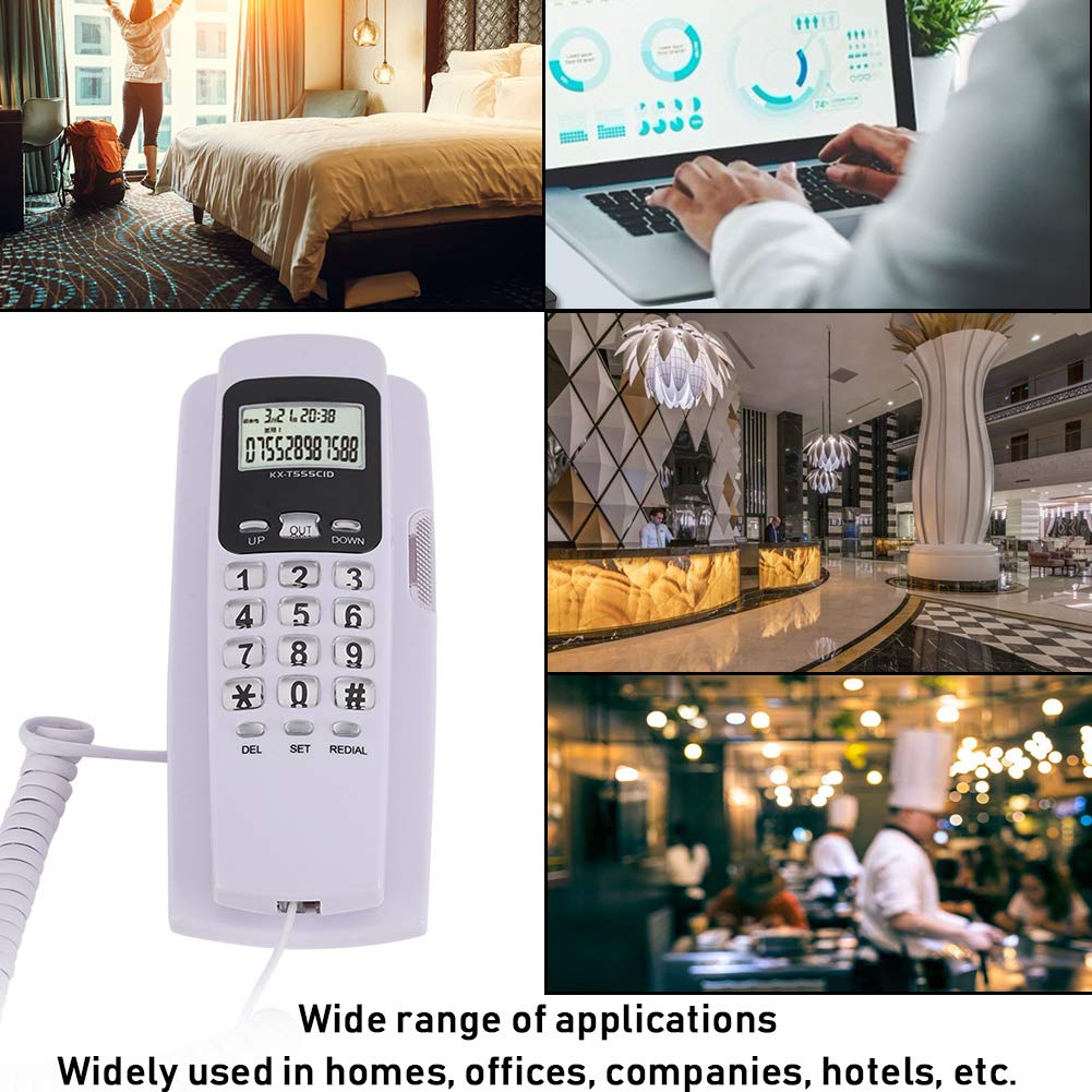 Ymiko T555 Mini teléfono montado en la Pared Identificador de Llamadas Teléfono con Pantalla LCD Luz de Fondo para la Oficina del Hotel(Blanco)
