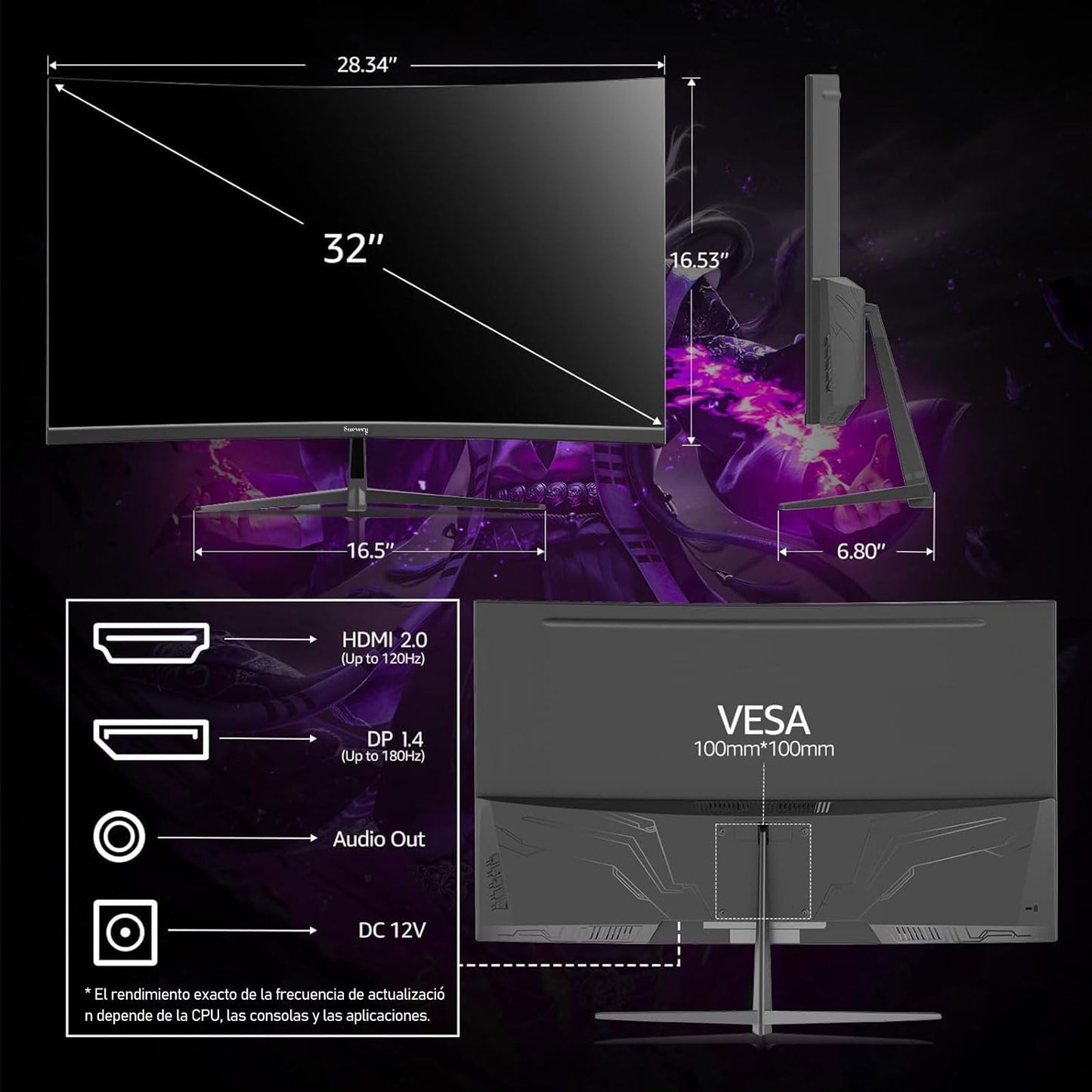 suevery 32 Pulgadas Gamer Monitor 180Hz FHD(1920x1080) Monitores de Computadora Curvo 1800R 1080P 100% sRGB FreeSync 1ms(GTG) Apoyo DP HDMI HDR VESA Pantalla para Pc