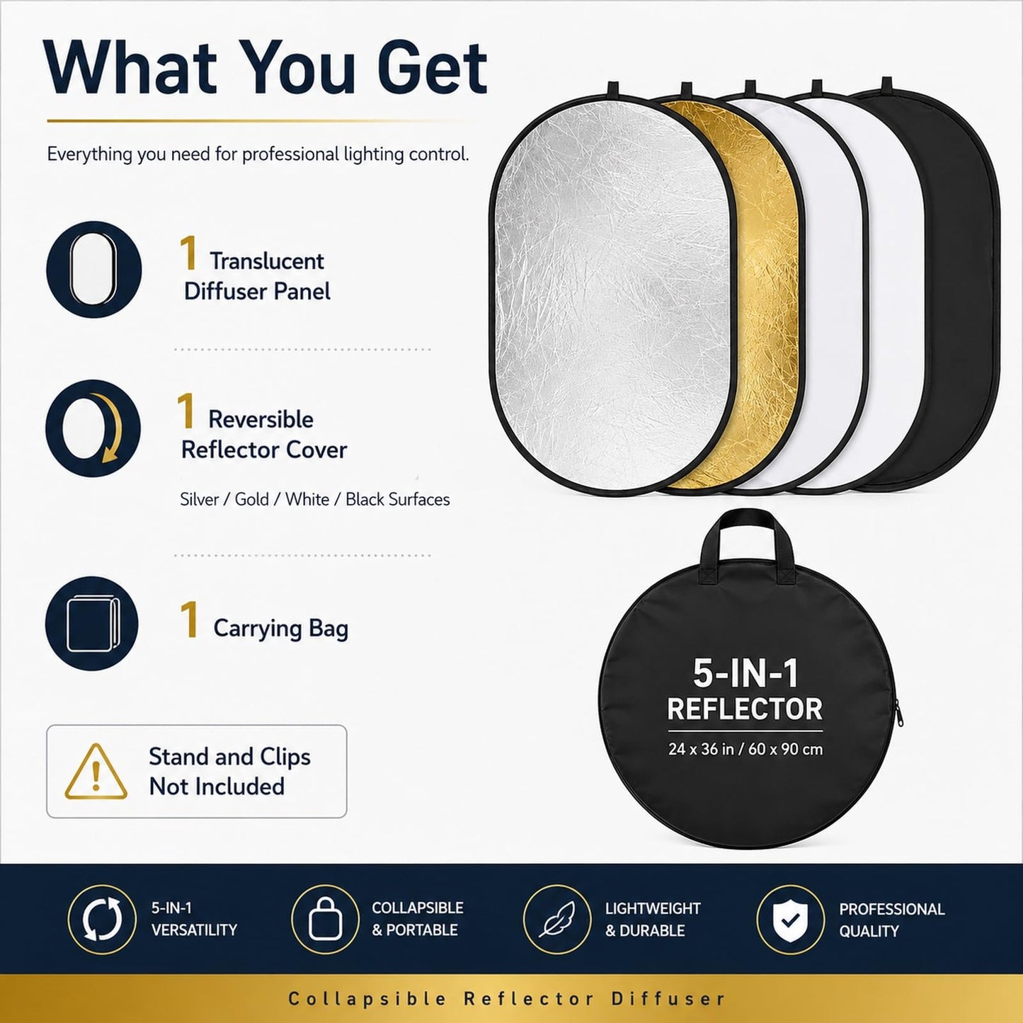 Konseen-Reflector de luz Ovalado 5 en 1 de 24x35 Pulgadas (60x90cm), portátil, Plegable para Estudio de fotografía, cámara fotográfica,iluminación,reflectores Kit de difusor con Estuche de Transporte