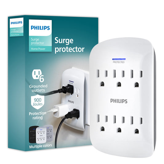 Protector de Sobretensiones Philips Blanco Llave de Pared con Extensión de 6 Tomas y diseño de Ahorro de Espacio