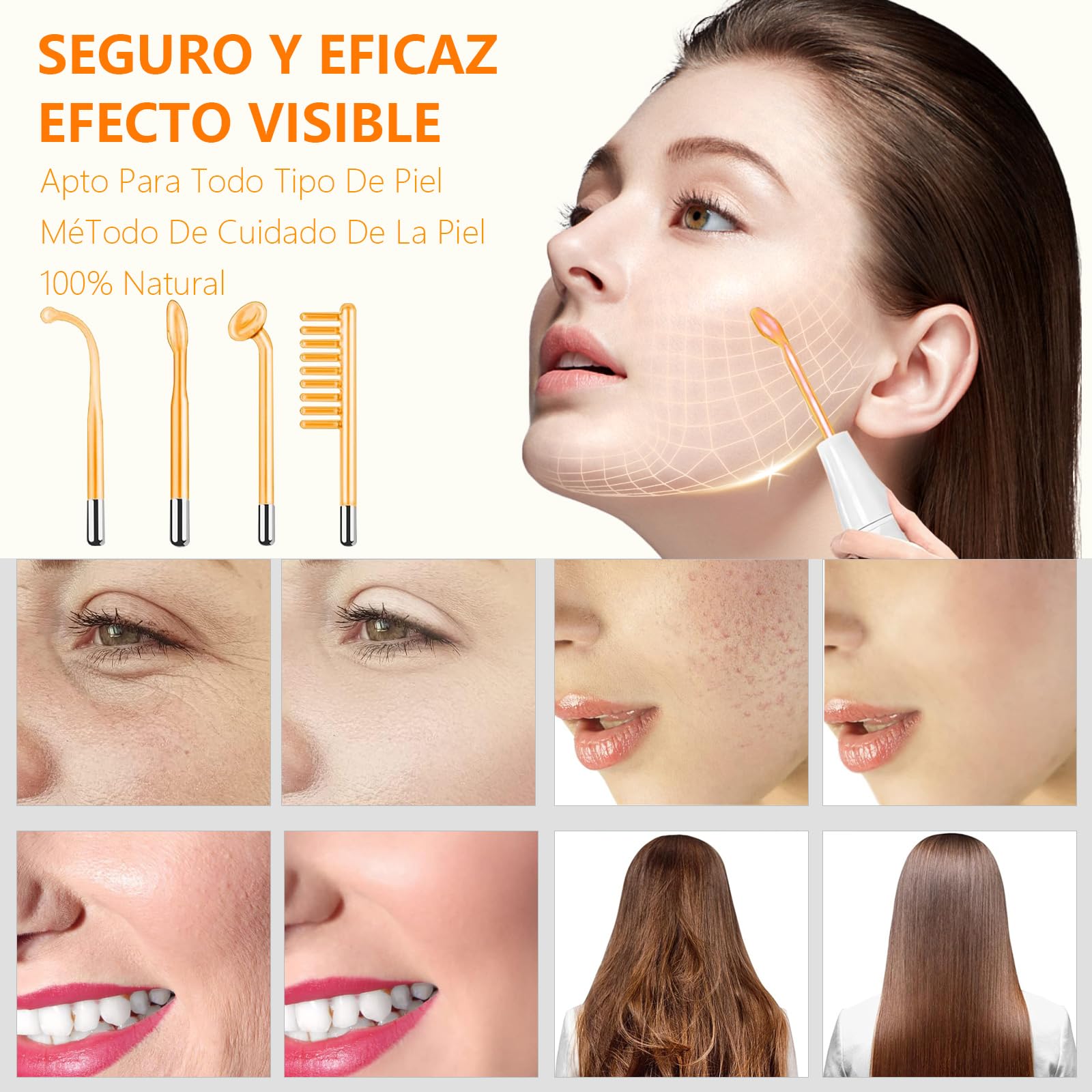 Equipo de Alta Frecuencia Facial Portable con 4 Palos de Neón para Reducir Arrugas, Ojeras e Imperfecciones