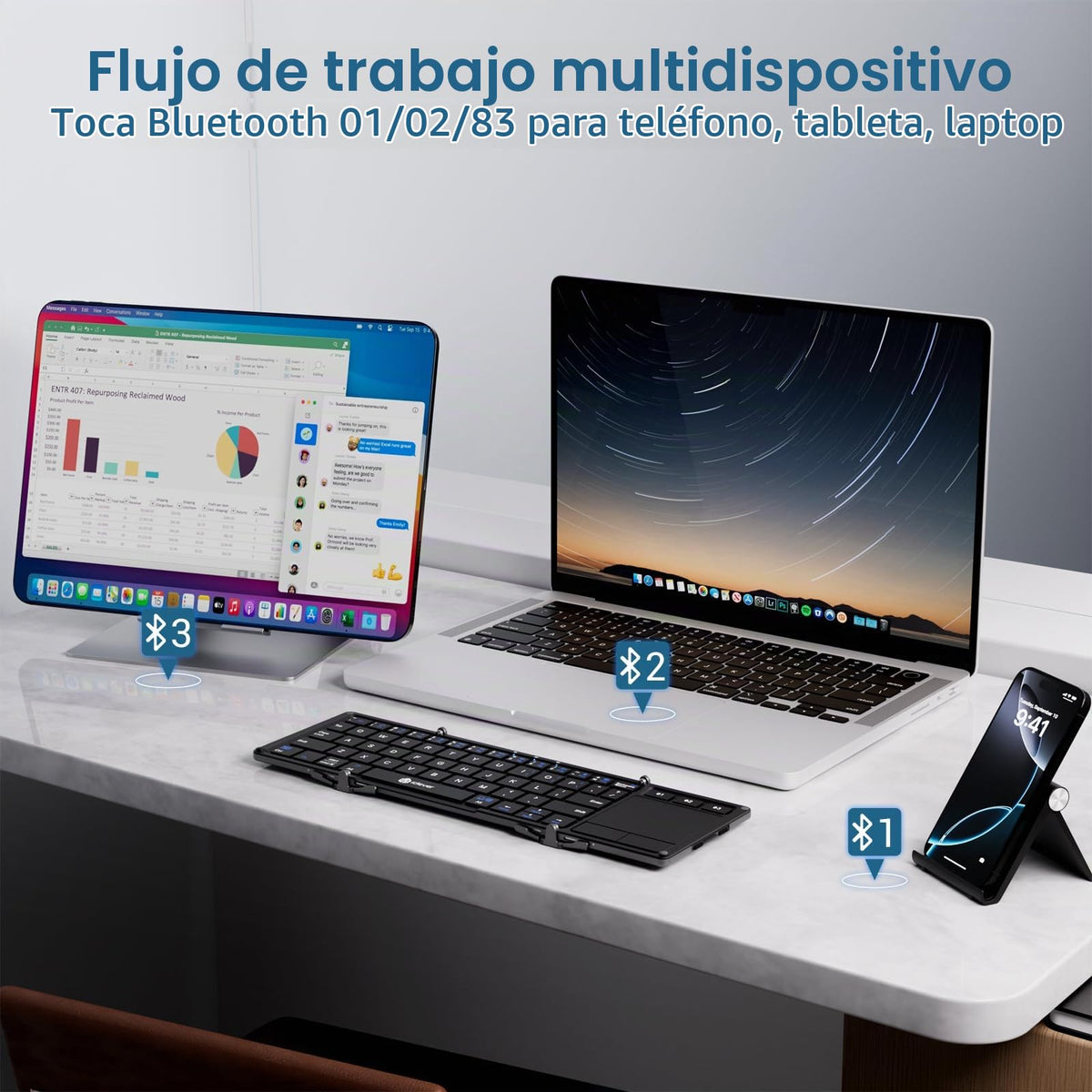 Teclado Plegable iClever Negro Inalámbrico con Touchpad y Conexión Múltiple