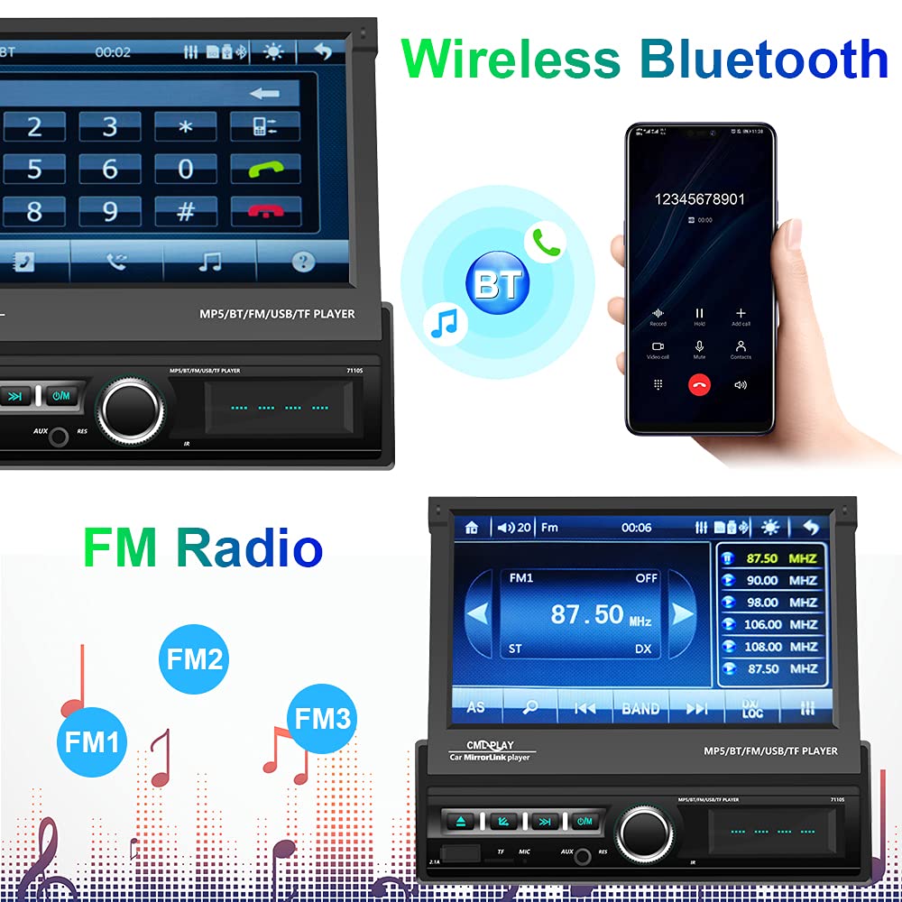 Hikity - visualización táctil de un solo din, estéreo para coche, visualización táctil de 7 pulgadas, estéreo automático con radio FM, Bluetooth, enlace de espejo, EQ, entrada USB/TF/AUX, SWC, cámara