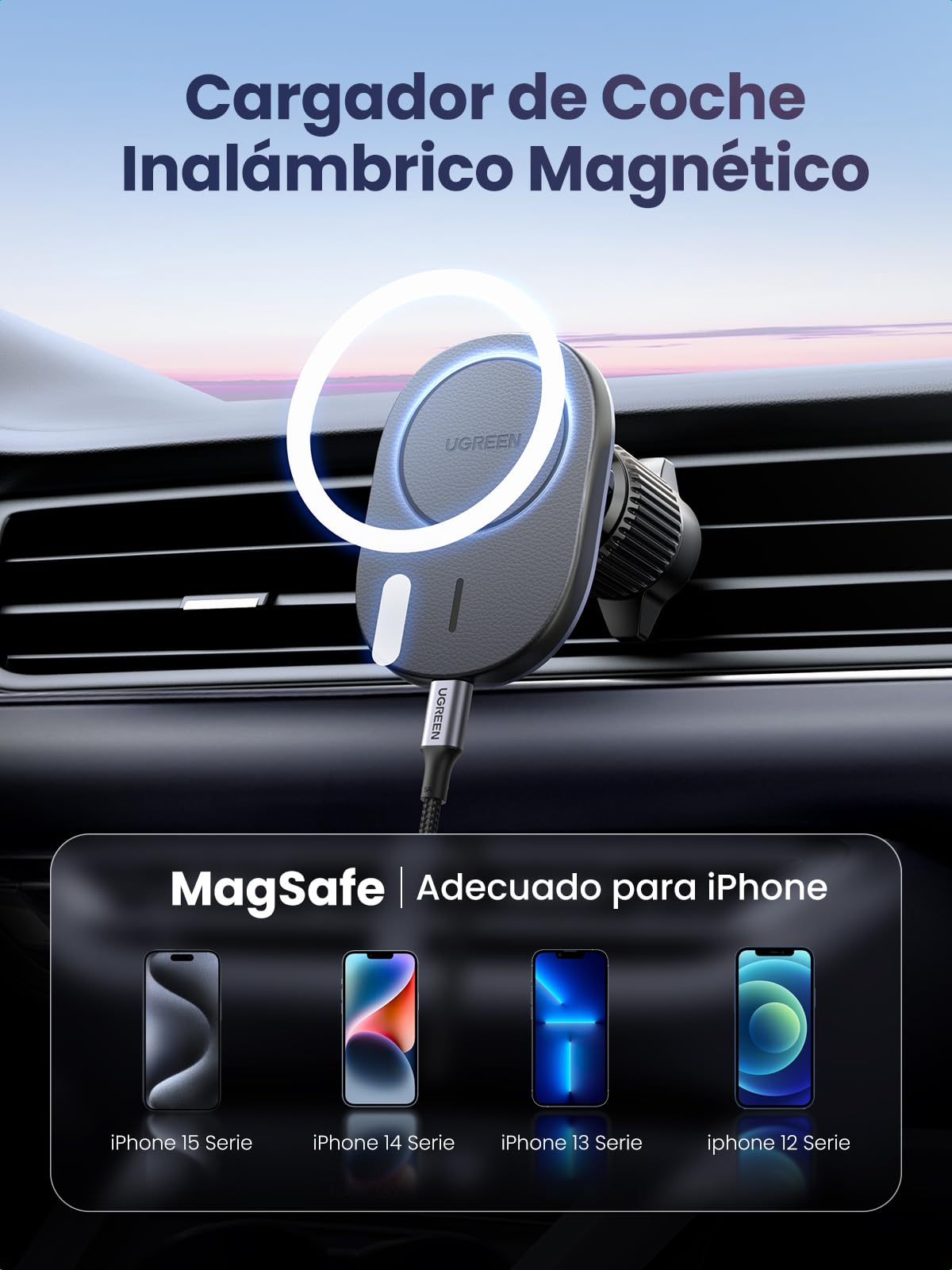 UGREEN Magsafe Cargador Inalámbrico de Auto,Cargador de Coche Carga Rápida de 7,5 W para Ventilación de Aire,Compatible con iPhone 16/15/15 Pro Max/15 Pro/15 Plus/14 Pro Max/14 Pro/14/14 Plus/13/12