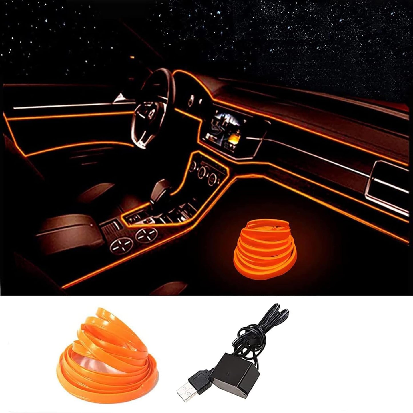 Tira de Luces LED para Coche Iluminación Interior Naranja con Modo de Música