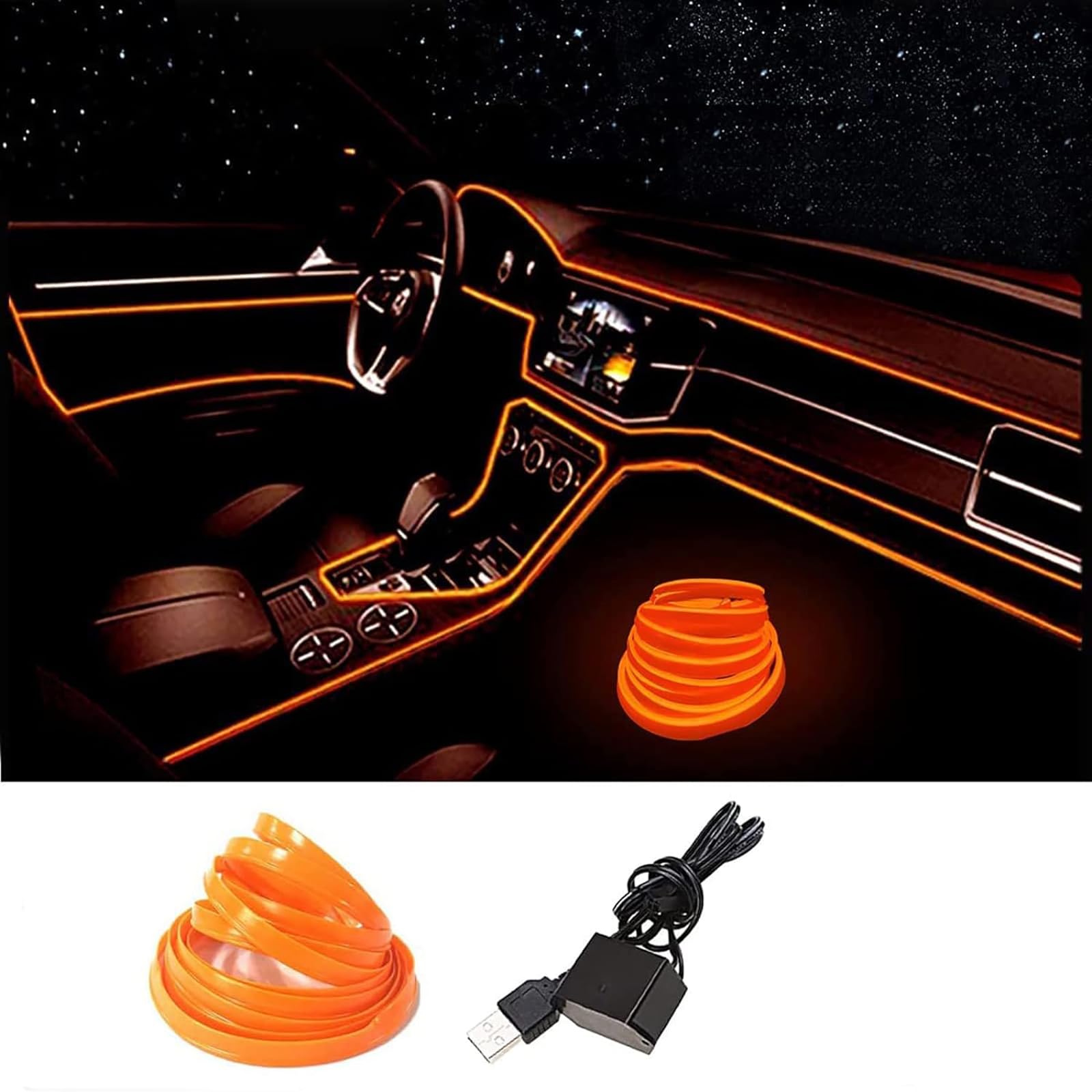 Tira de Luces LED para Coche Iluminación Interior Naranja con Modo de Música