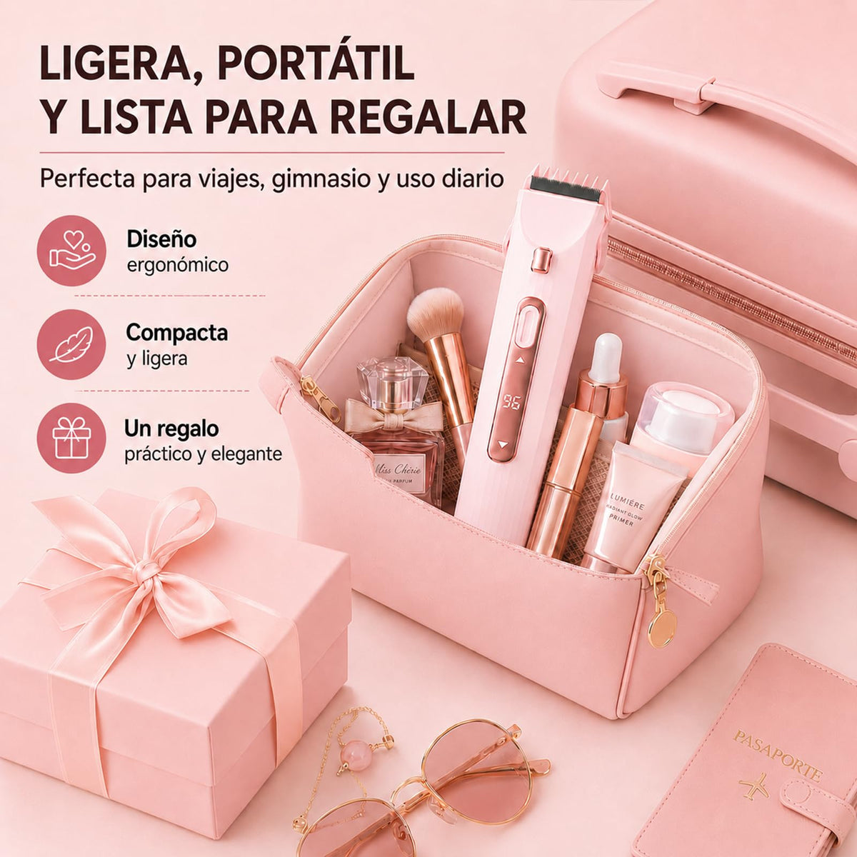 2 En 1 Maquina para depilar mujer, rasuradora eléctrica mujers, con Luces Auxiliares, Doble Cabezal | Recargable Type-C e IPX7, para Bikini Facial Brazos Axilas (Rosa)