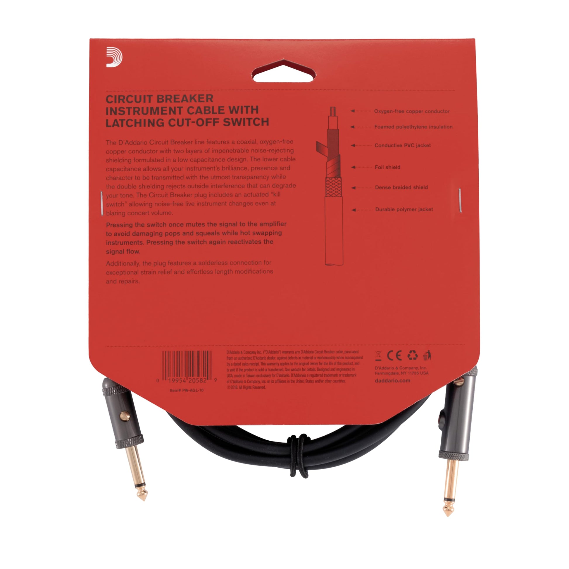 D'Addario Guitar Cable - Guitar Lead - Circuit Breaker Cable - Latching Cut-Off Switch to Mute When Changing Instrument - 10 Feet/3.05 Meters - Straight Ends - 1 Pack