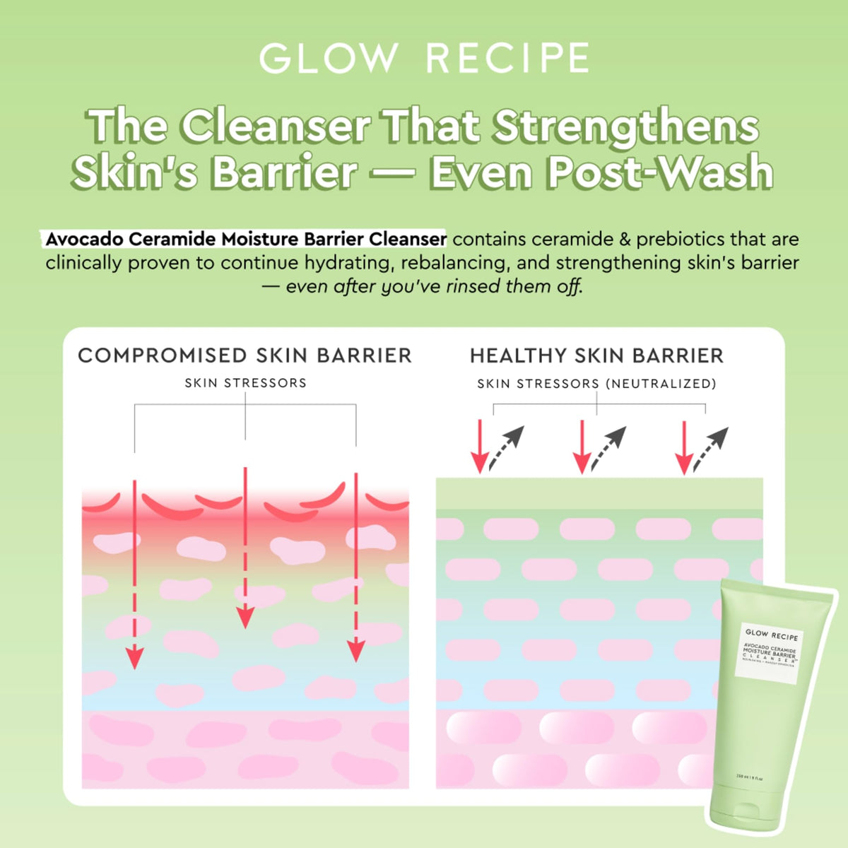 Glow Recipe Avocado Cleanser - Limpiador facial con barrera de humedad y ceramida de aguacate, limpiador facial hidratante para piel seca, removedor de maquillaje diario y lavado facial suave con aceite de aguacate para reparación de barreras cutáneas (5.