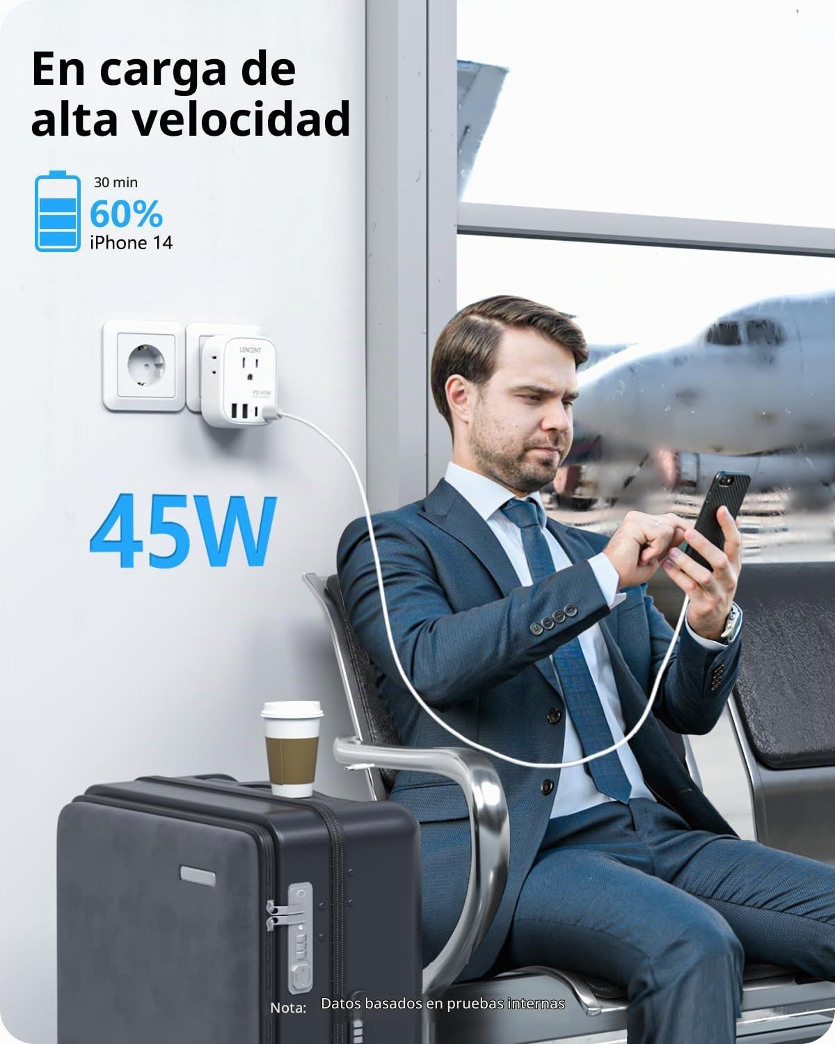 Adaptador de Viaje LENCENT Europeo Tipo C Plegable PD45W 4 Tomas