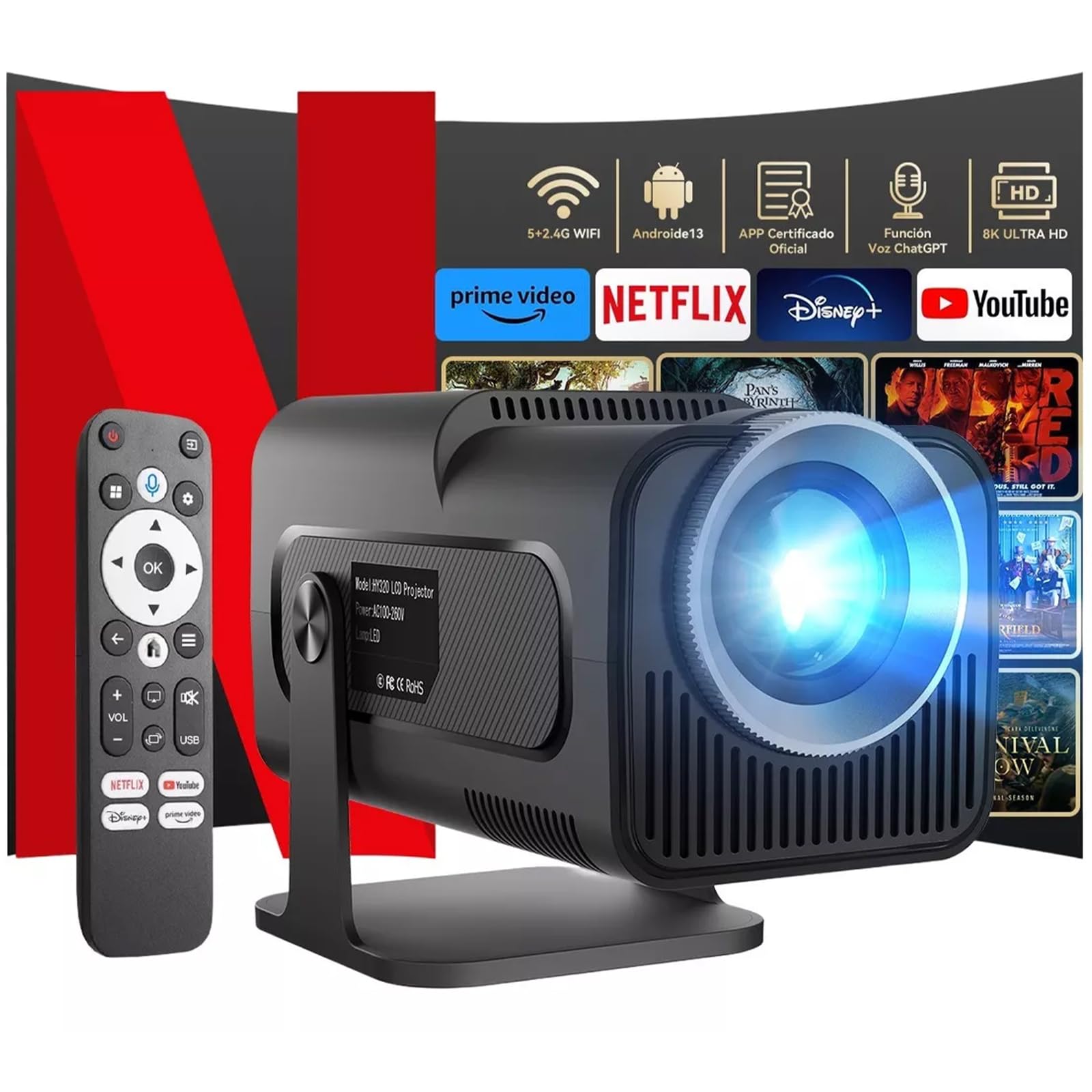 Proyector 4K QYIKLPY Blanco Portátil Netflix Compatible 1080p Nativo