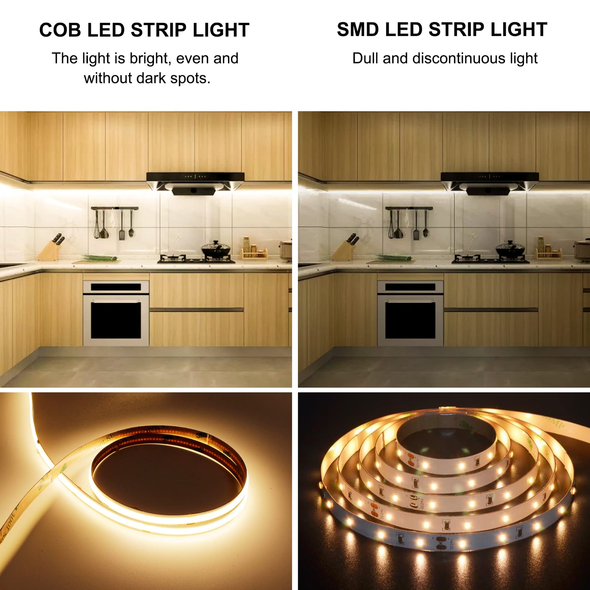 AXMOTUT COB - Tira de luces LED de color blanco cálido, tiras LED de alto brillo con 2400 LED, control remoto RF y fuente de alimentación UL, luces LED regulables de 3000 K para recámara, cocina,