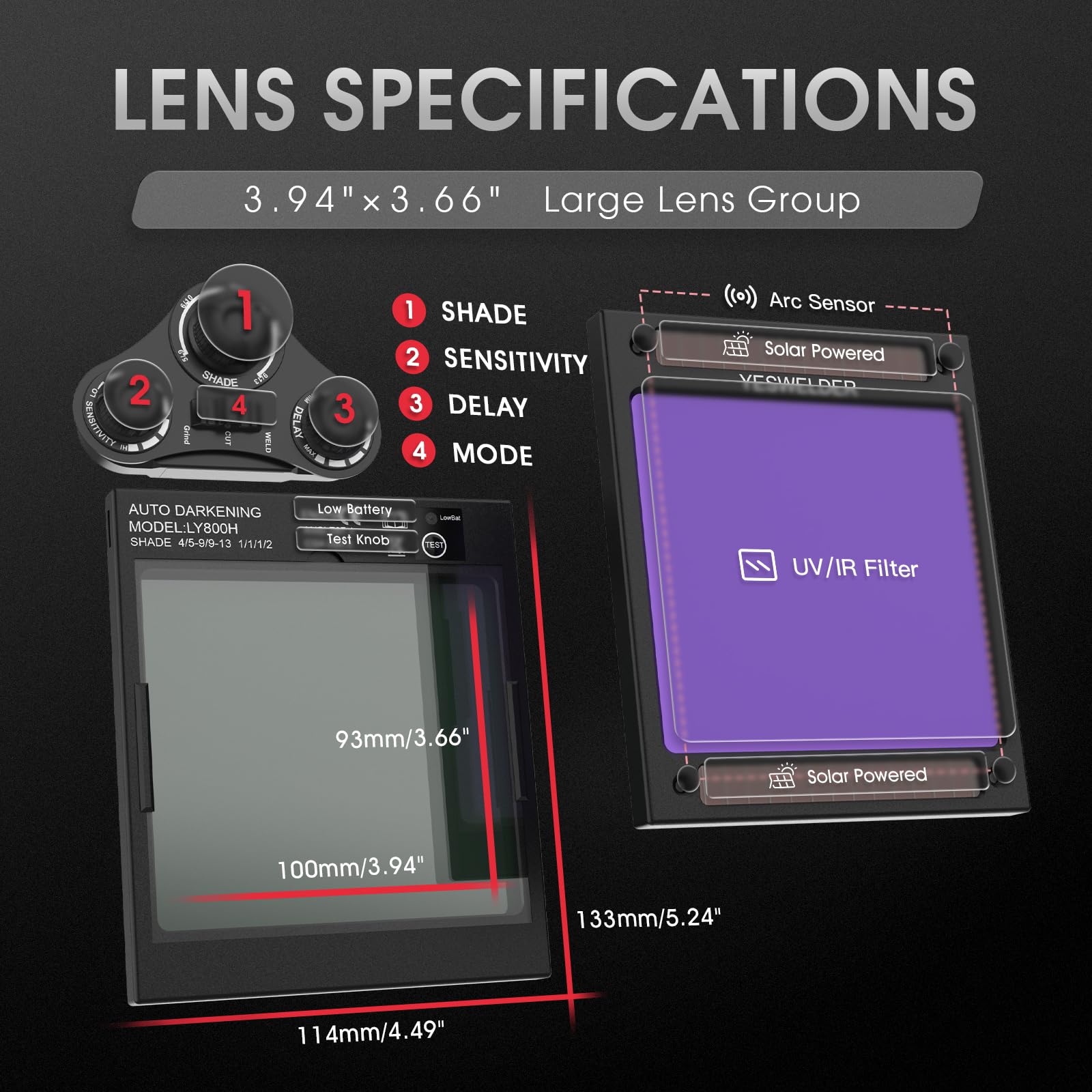 Casco de Soldadura YESWELDER Solar Azul Visualización Ancha de oscurecimiento Automático con 4 Sensores de Arco