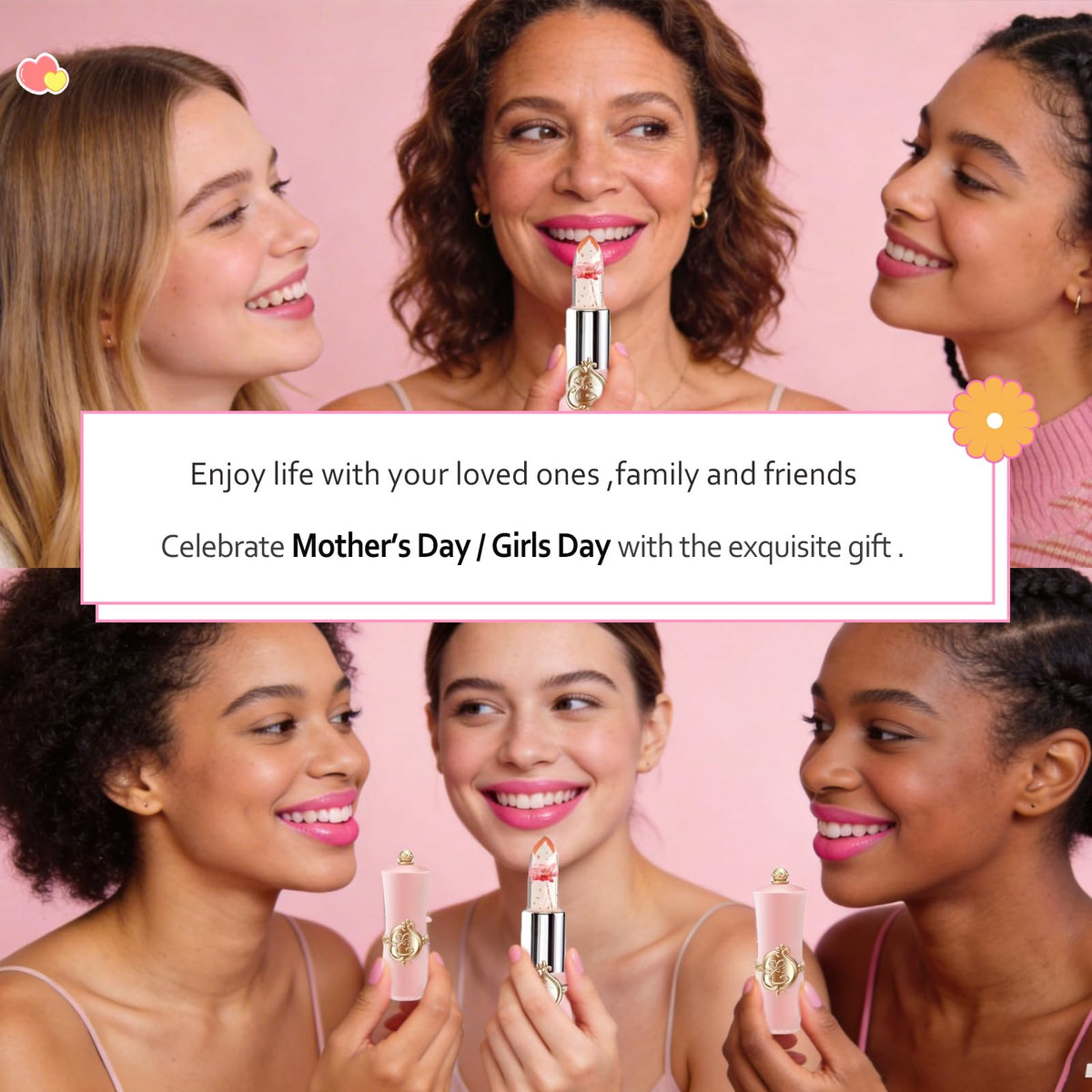 FirstFly - Juego de 6 lápices labiales con flores de cristal, larga duración, nutritivo bálsamo labial hidratante de labios, color negro