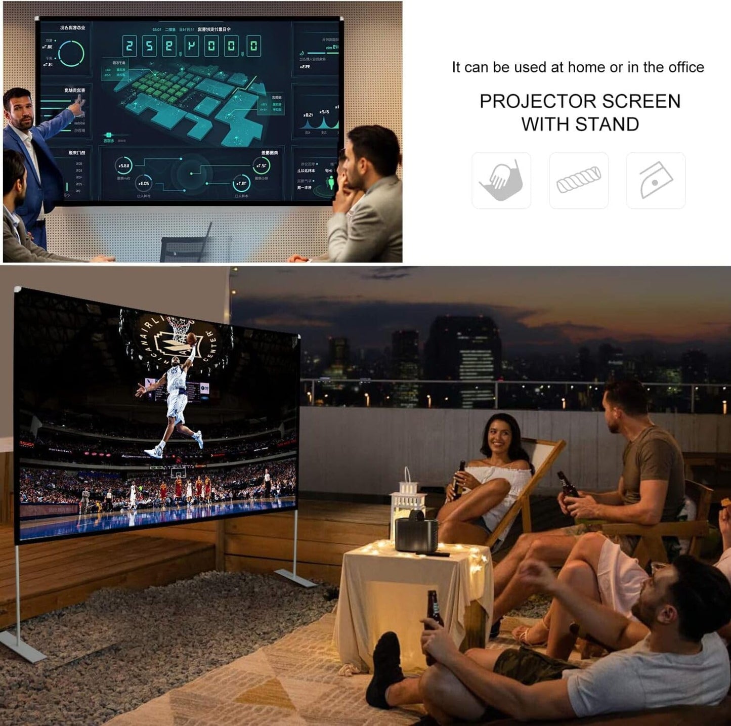 visualización de proyector con soporte de 120 pulgadas 16:9 HD 4K para exteriores visualización de proyección interior para cine en casa, visualización de proyección 3D de rápida apertura con patas de