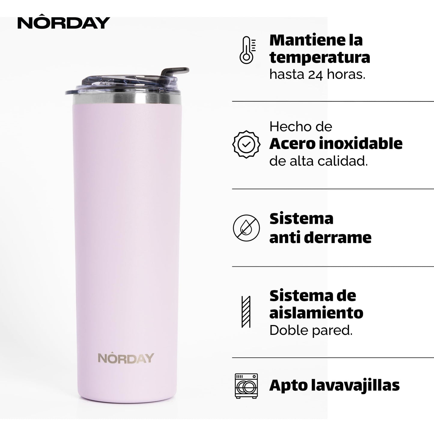 Vaso Térmico NORDAY Lavanda de Acero Inoxidable Antiderrame Doble Pared 22 oz 660 ml para Mujer y Hombre