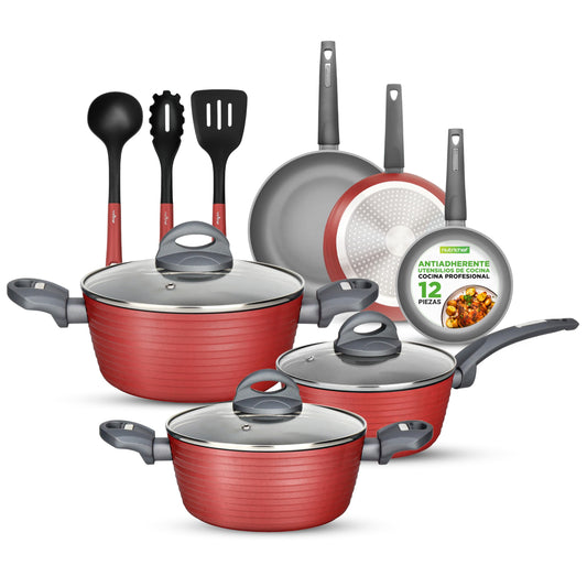 NUTRICHEF Bateria de Cocina Antiadherente de 12 Piezas Juego de Sartenes y Ollas Rojo. Duradero, Diseño Elegante Resistente al Calor. Libre de PFOA